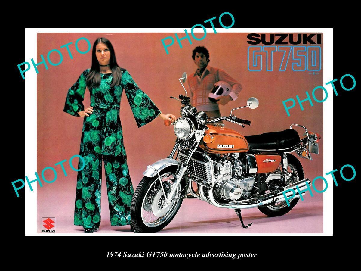 OLD LARGE HISTORIC PHOTO OF 1974 SUZUKI GT750 MOTORCYCLE ADVERTISING POSTER