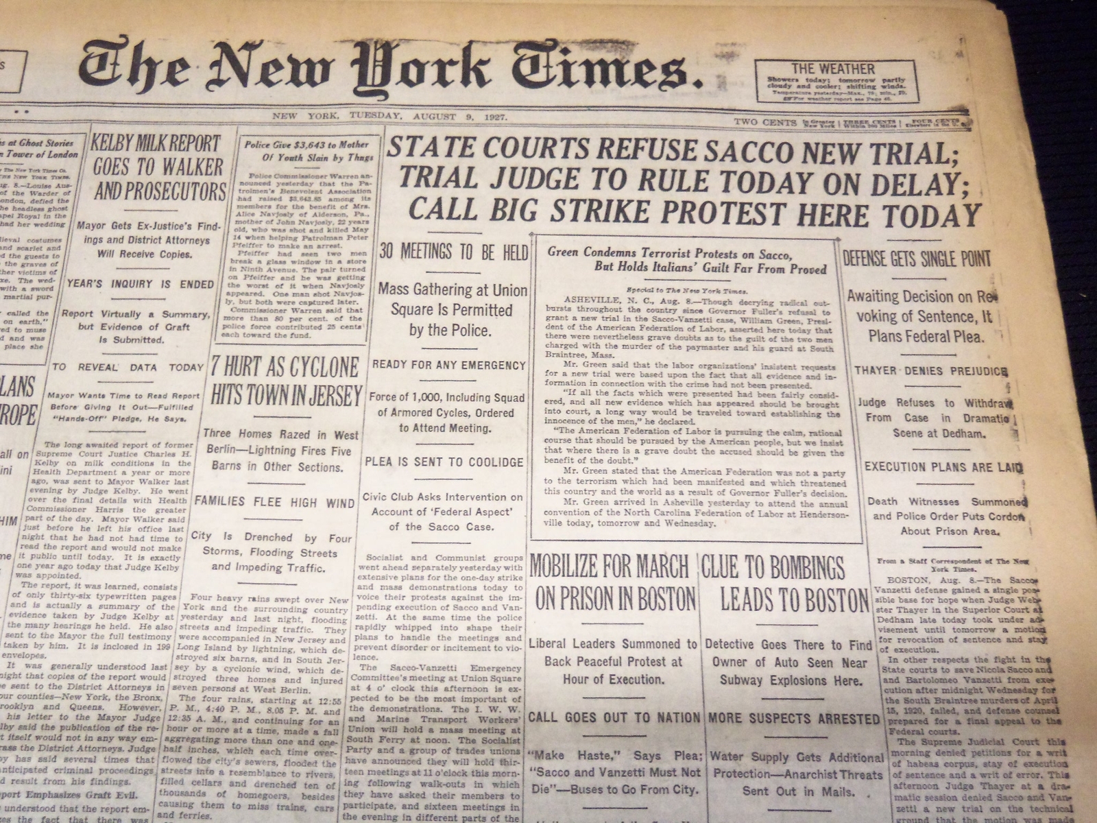 1927 AUGUST 9 NEW YORK TIMES NEWSPAPER - REFUSE SACCO NEW TRIAL - NT 9561
