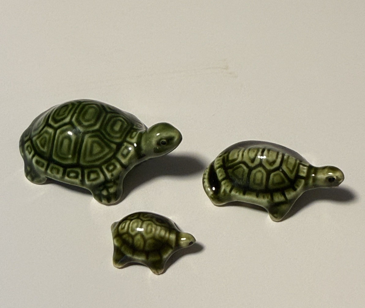 Vintage Set of 3 Green Ceramic Turtle Figurines, Made in Japan MCM