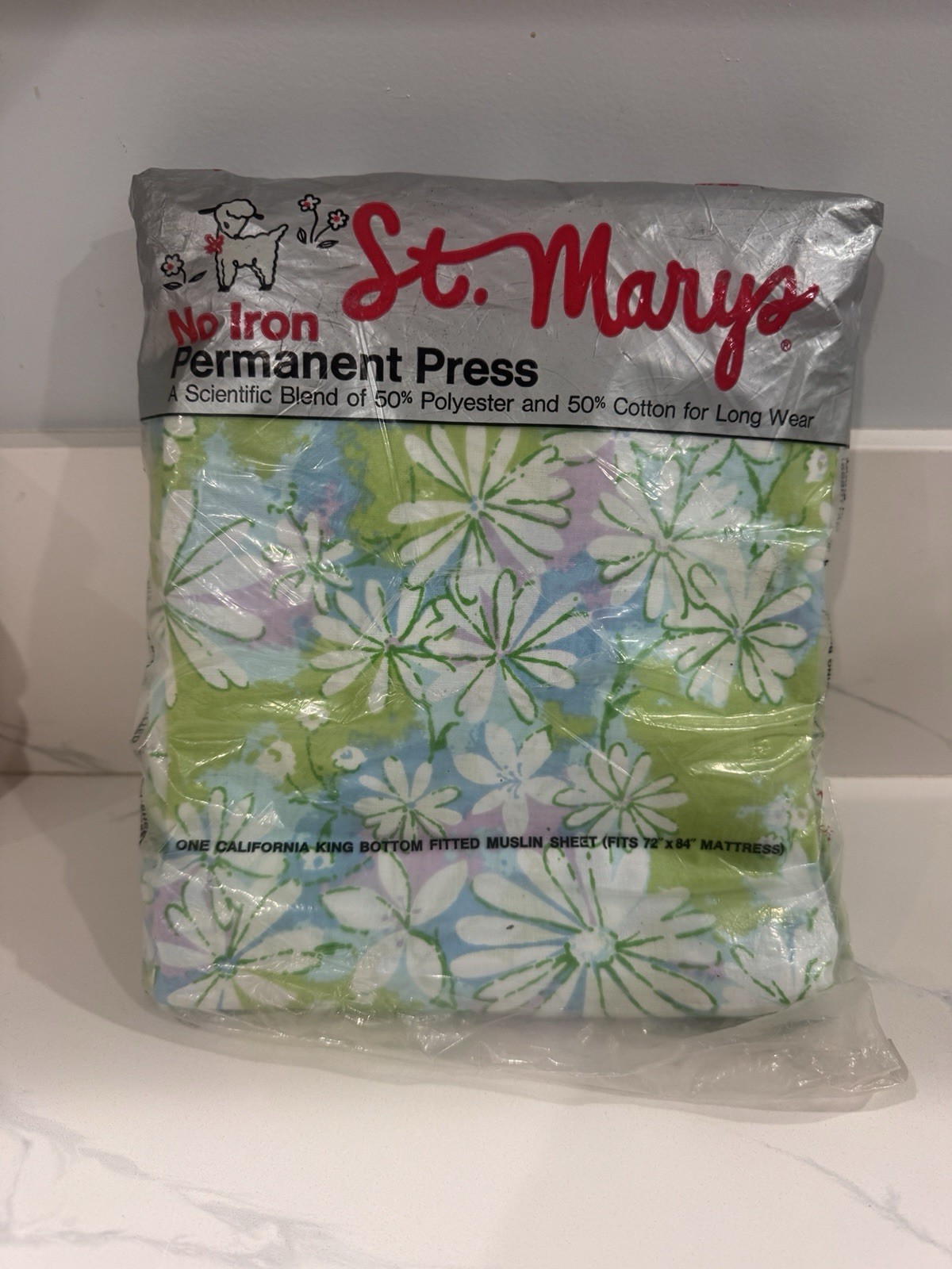 Vtg 70s St Marys Floral Daisy Cal King Fitted Sheet NOS Open Package Green Blue