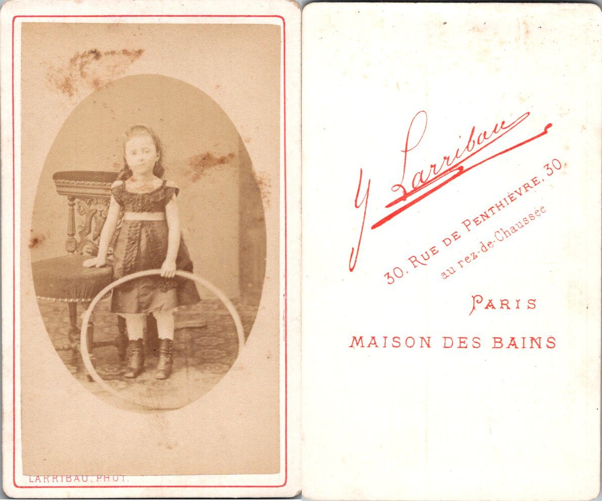 Larribau, Paris, Petite fille holding a hoop, circa 1875 CDV vintage albumen 
