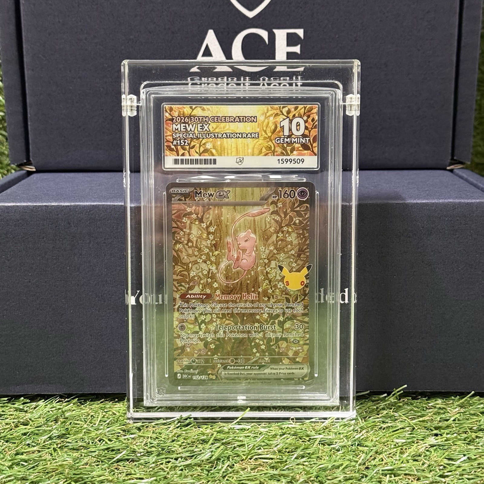 Pokémon Mew ex SIR 152/128 ACE 10 Gem Mint 30th Anniversary Acrylic Case Include