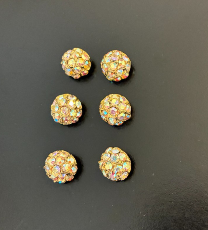 6 Vtg Rhinestone Buttons Prong Set Dome AB Round Gold Tone Fastener Sewing Craft