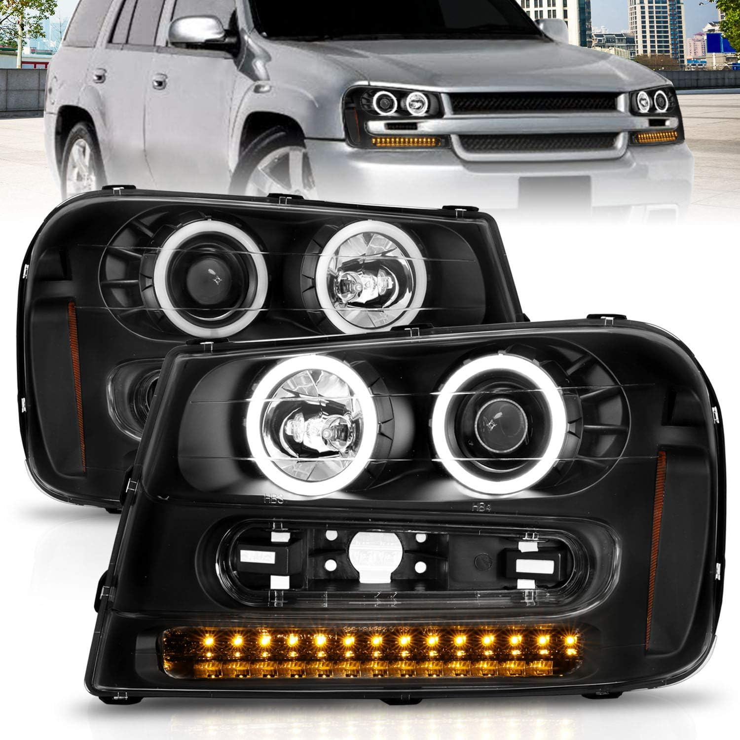for 2002-2009 Chevy Trailblazer EXT W/Full Width Grille Dual Xtreme LED Halos Bl