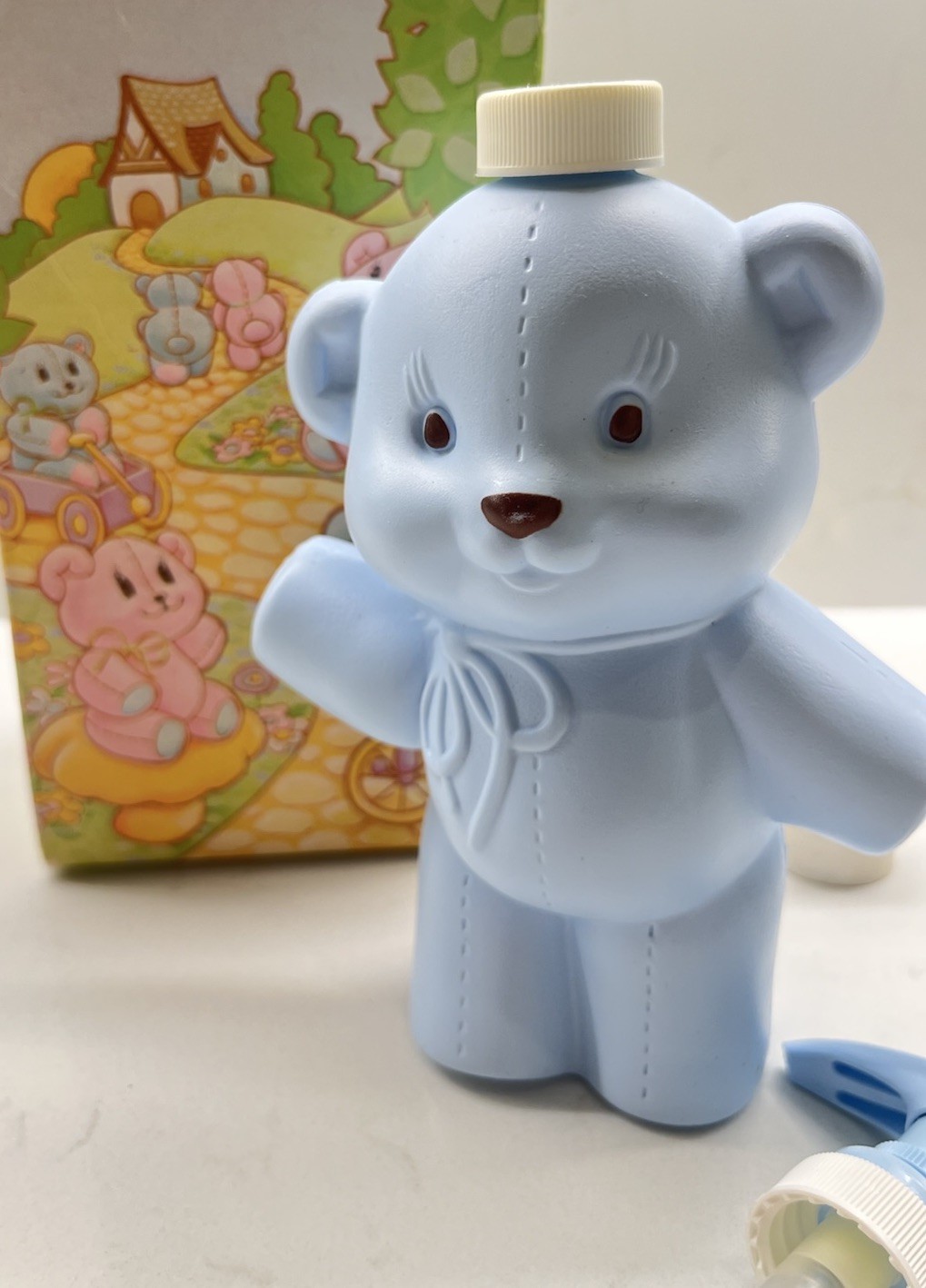 Vintage New In Box (1981) Avon Teddy Bear Lotion Dispenser, Blue, 10 Fl. Oz