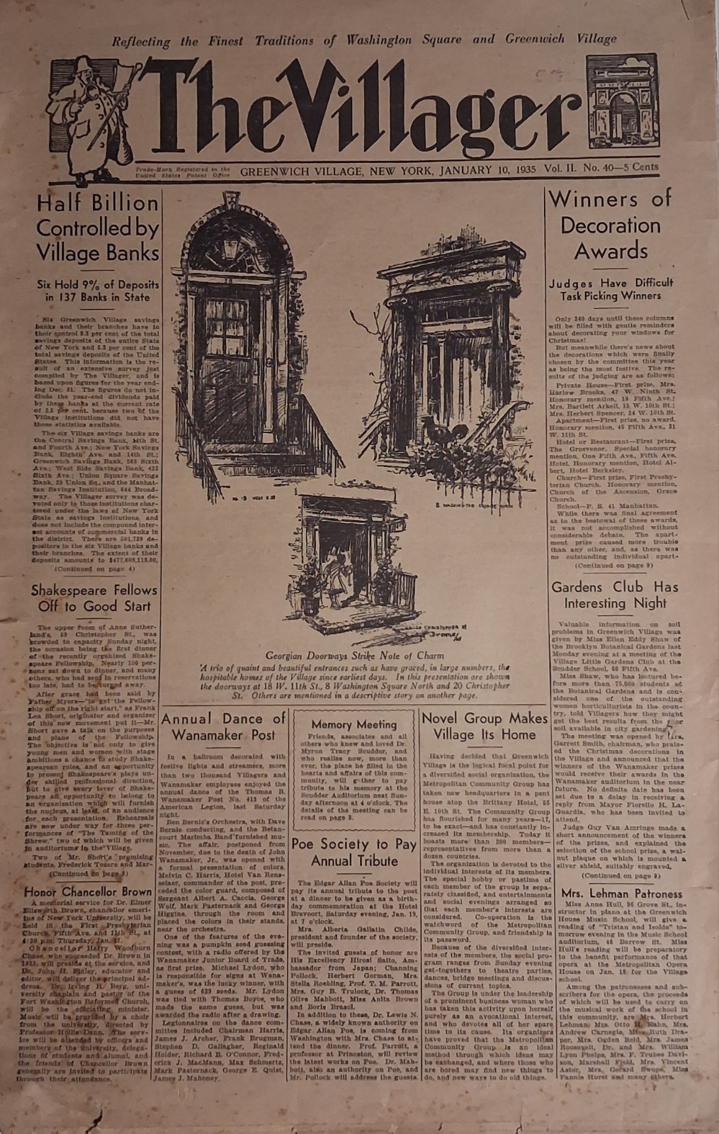 1935 THE VILLAGER Greenwich Village NEW YORK Newspaper Jan 10 1935 THE VILLAGER Greenwich Village NEW YORK Newspaper Jan 10
