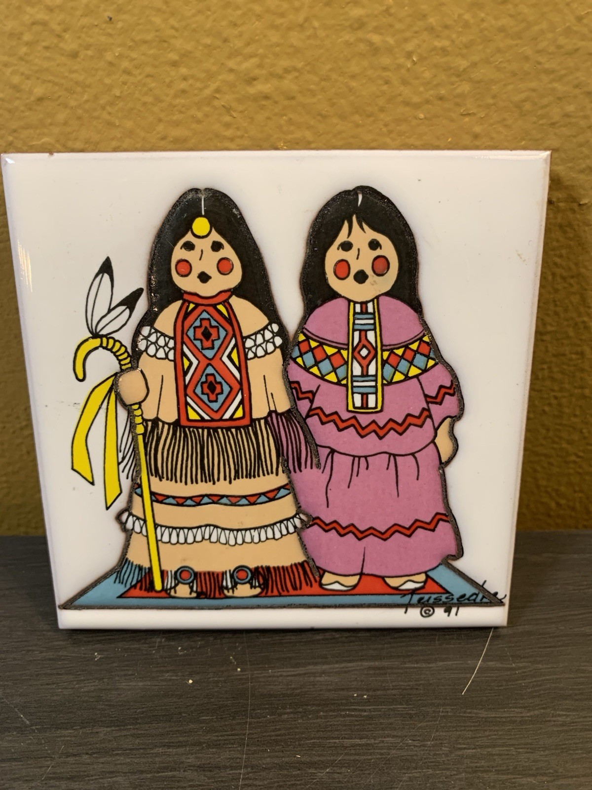 Native American Tile Cleo Teissedre Signed STORYTELLER Art South West 1991 Art