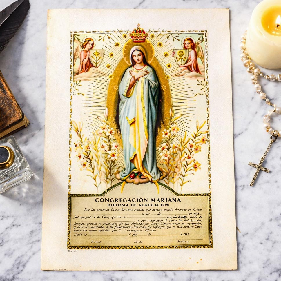 Beautiful Unused Catholic Marian Mary Antique Diploma Certificate Art Ephemeria