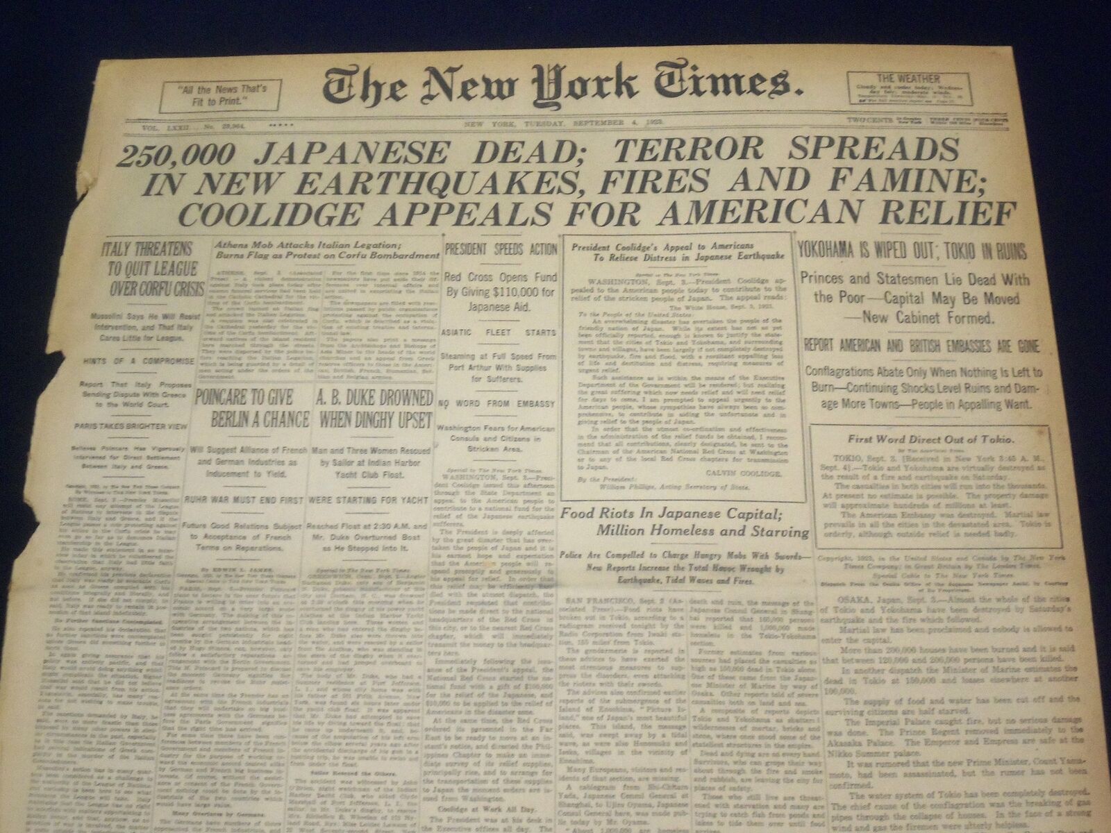 1923 SEP 4 NEW YORK TIMES - 250,000 JAPANESE DEAD IN NEW EARTHQUAKES - NT 9348