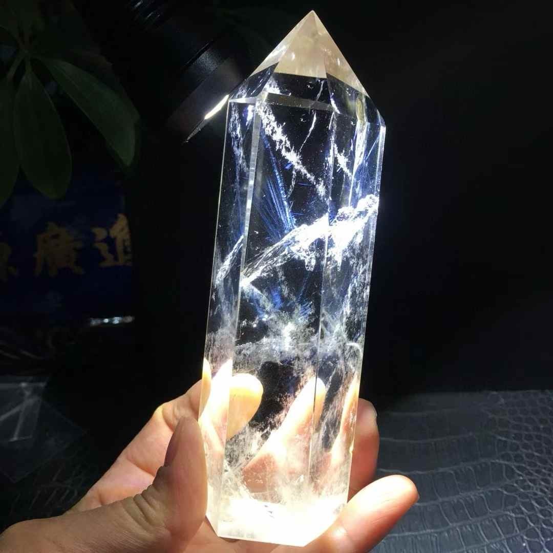 403g Natural clear crystal obelisk Blue needle Quartz tower Mineral energy Reiki