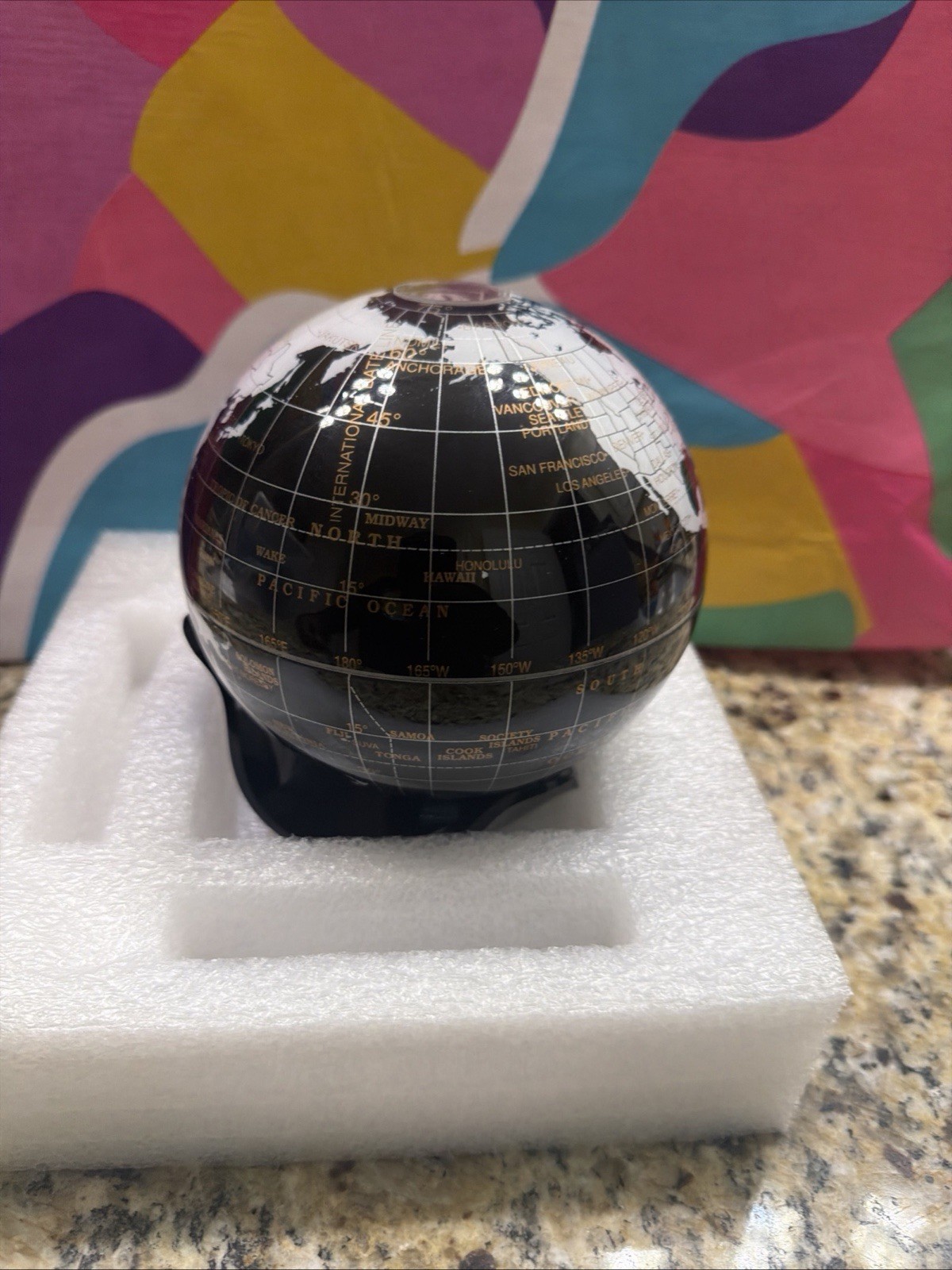 Rare Vintage Black Onyx World Globe Paperweight with Inlayed Gemstones 