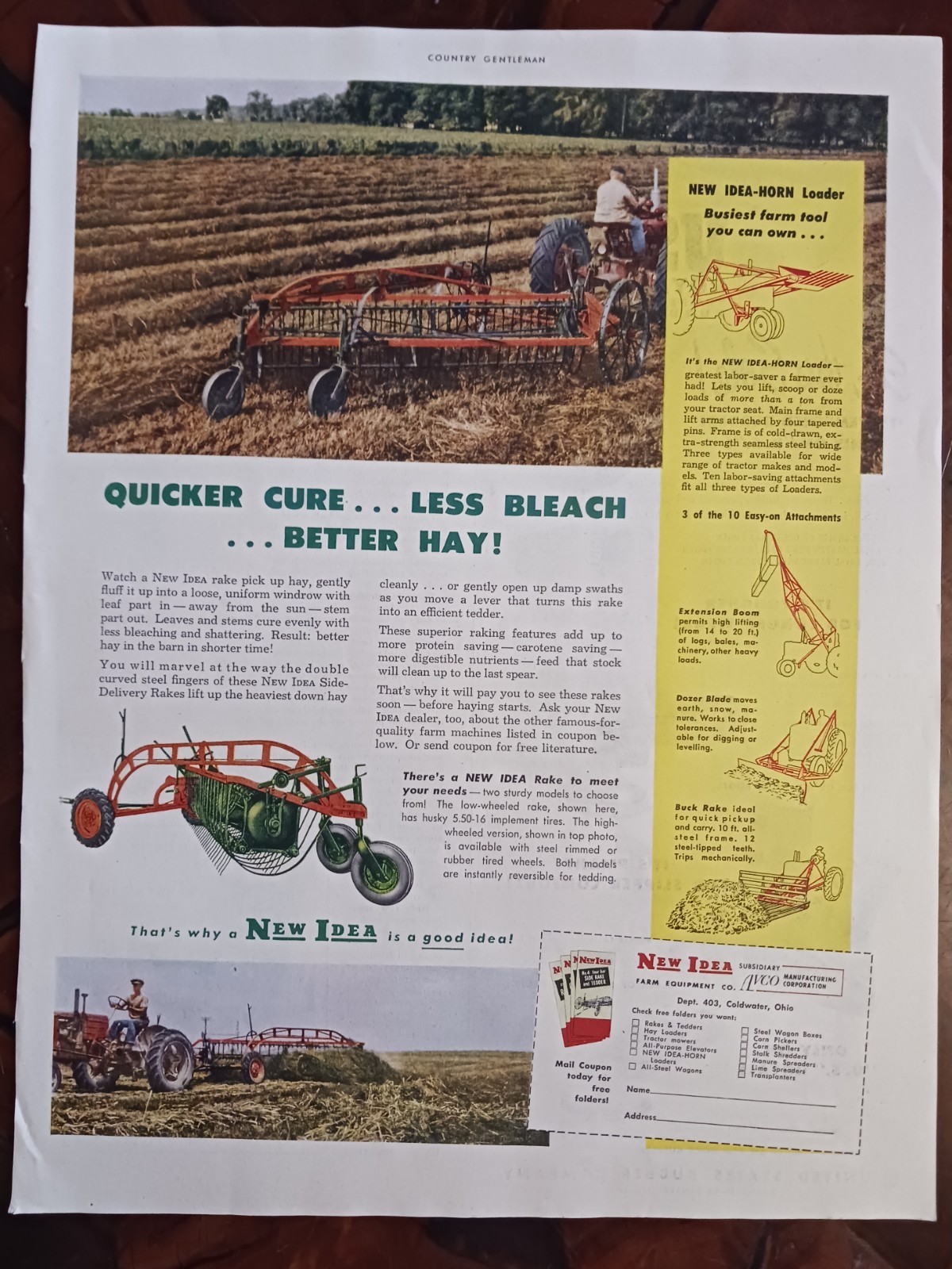 1952 New Idea Farm Equipment Hay Rake & United States Rubber Company Vintage Ads