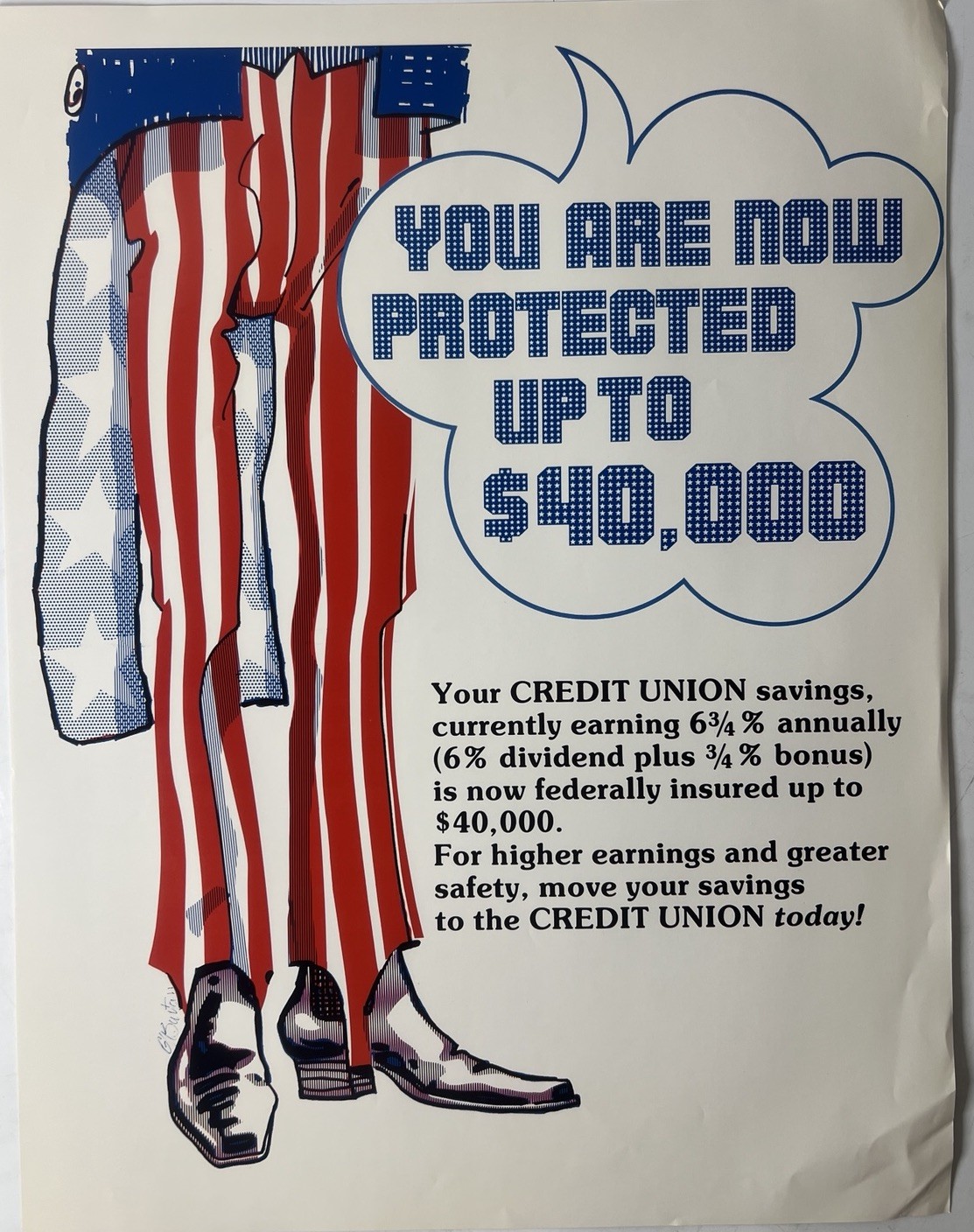 Vintage Credit Union Savings $40,000 Insurance Uncle Sam Poster 17x22