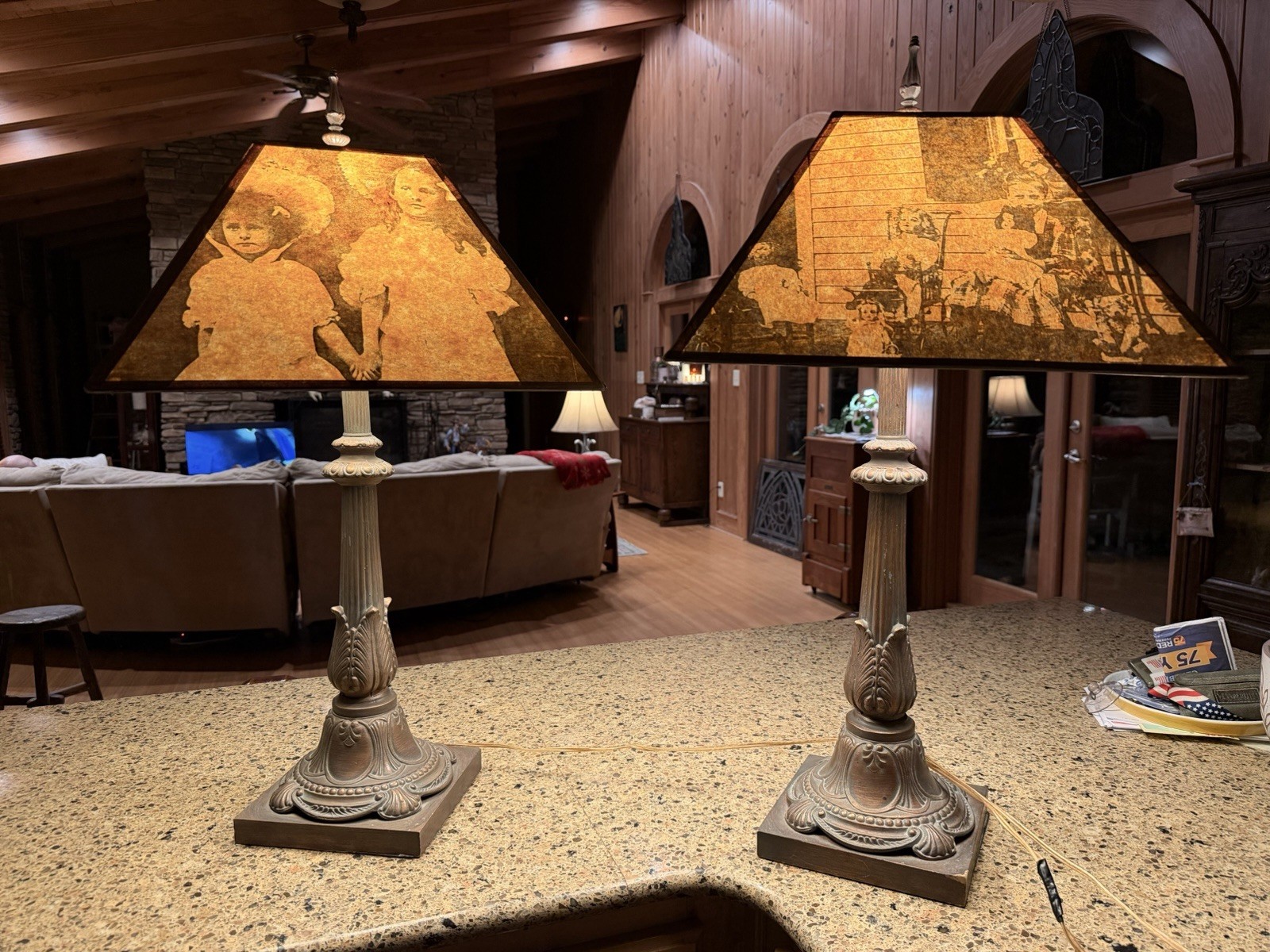 Pair Vintage Table Lamps Ellis Island Immigrant Mica Photo Shade - Aug. Sherman