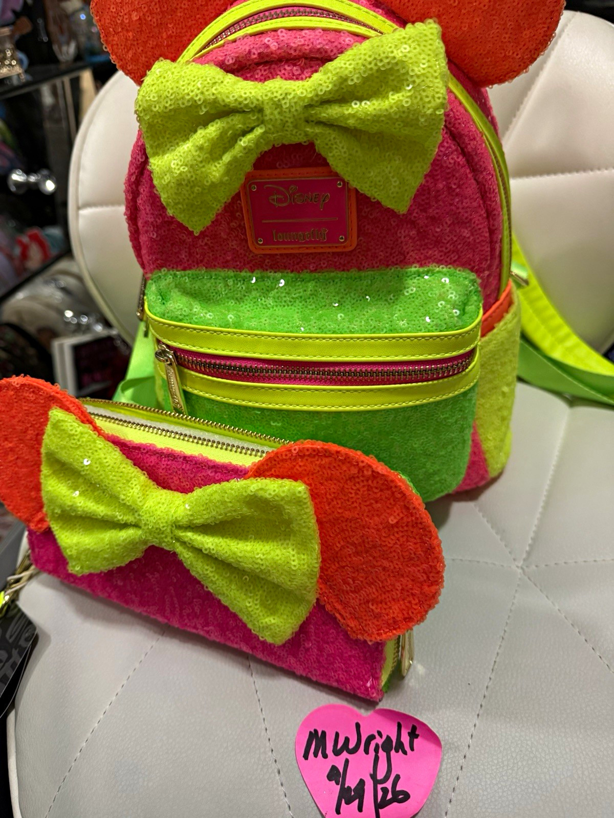 Loungefly Minnie Mouse Sequin Mini Backpack & Zip Wallet Pink/Green/Orange