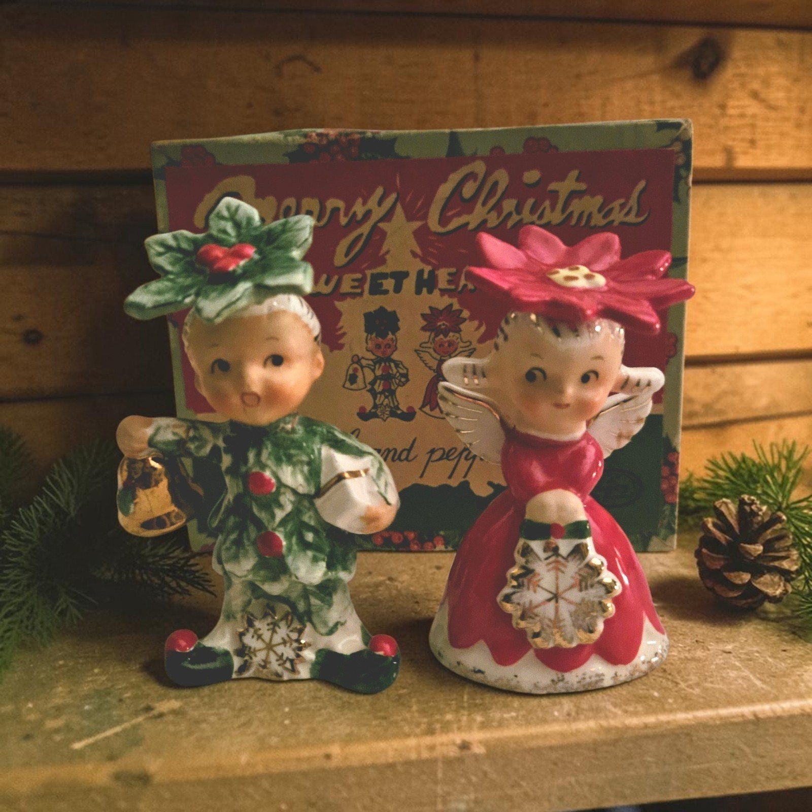 Vintage Christmas Poinsettia Girl Holly Boy Napco Salt & Pepper  1956 W/Box 