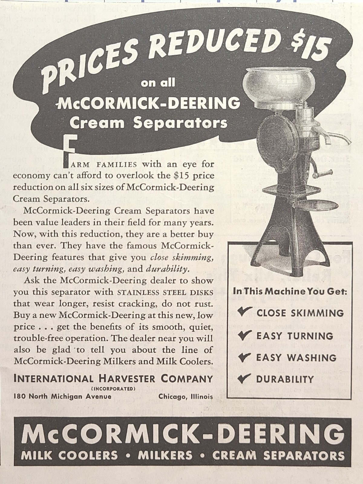 McCormick-Deering Dairy Milk Cream Separator Hand Crank Vintage Print Ad 1939