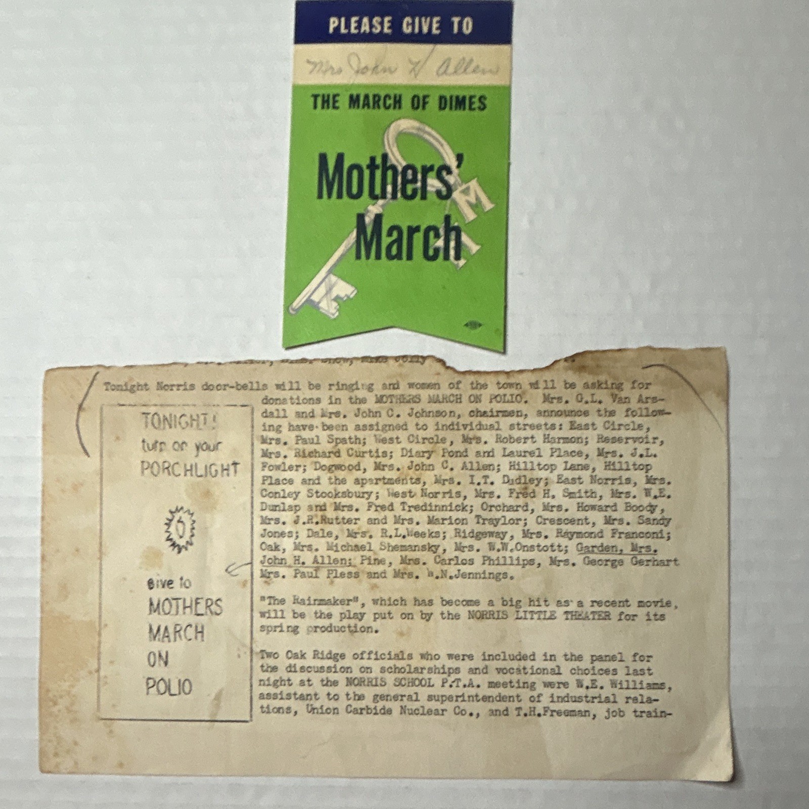 Vintage 1957 March of Dimes Polio Mothers March Norris TN bulletin and badge Vintage 1957 March of Dimes Polio Mothers March Norris TN bulletin and badge