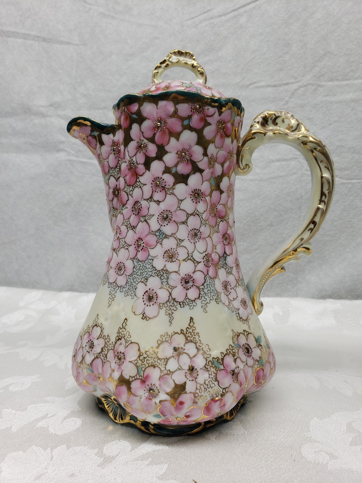 Antique Royal Kinran Nippon Hand Painted Pink Cherry Blossom Chocolate Pot 10