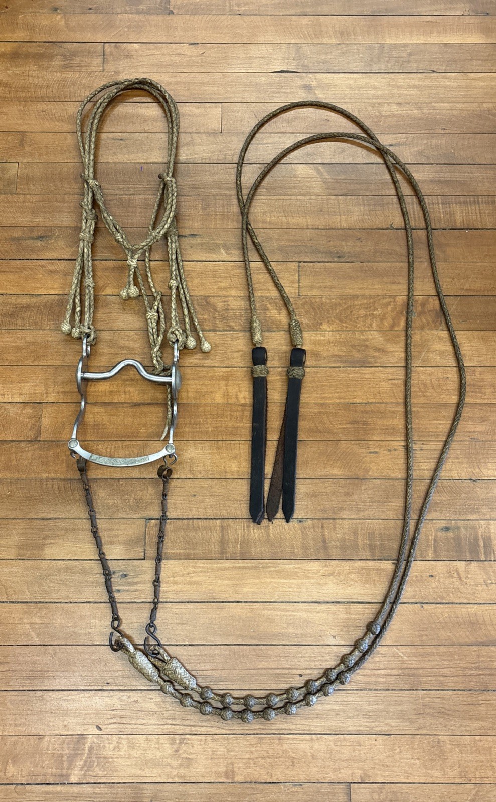 Antique BRAIDED RAWHIDE HEADSTALL w/Crockett Silver Mounted Bit/ORIG Romel Reins