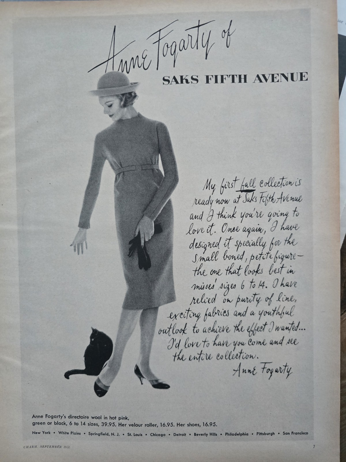  1958 Saks Fifth Avenue Women\'s Anne Fogarty dress black cat vintage Ad