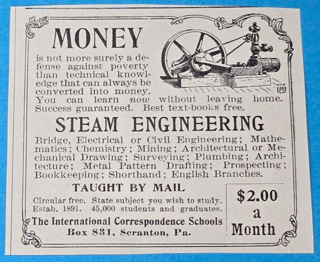 Antique 1898 Magazine Ad STEAM ENGINEERING ICS School Correspondence Scranton PA