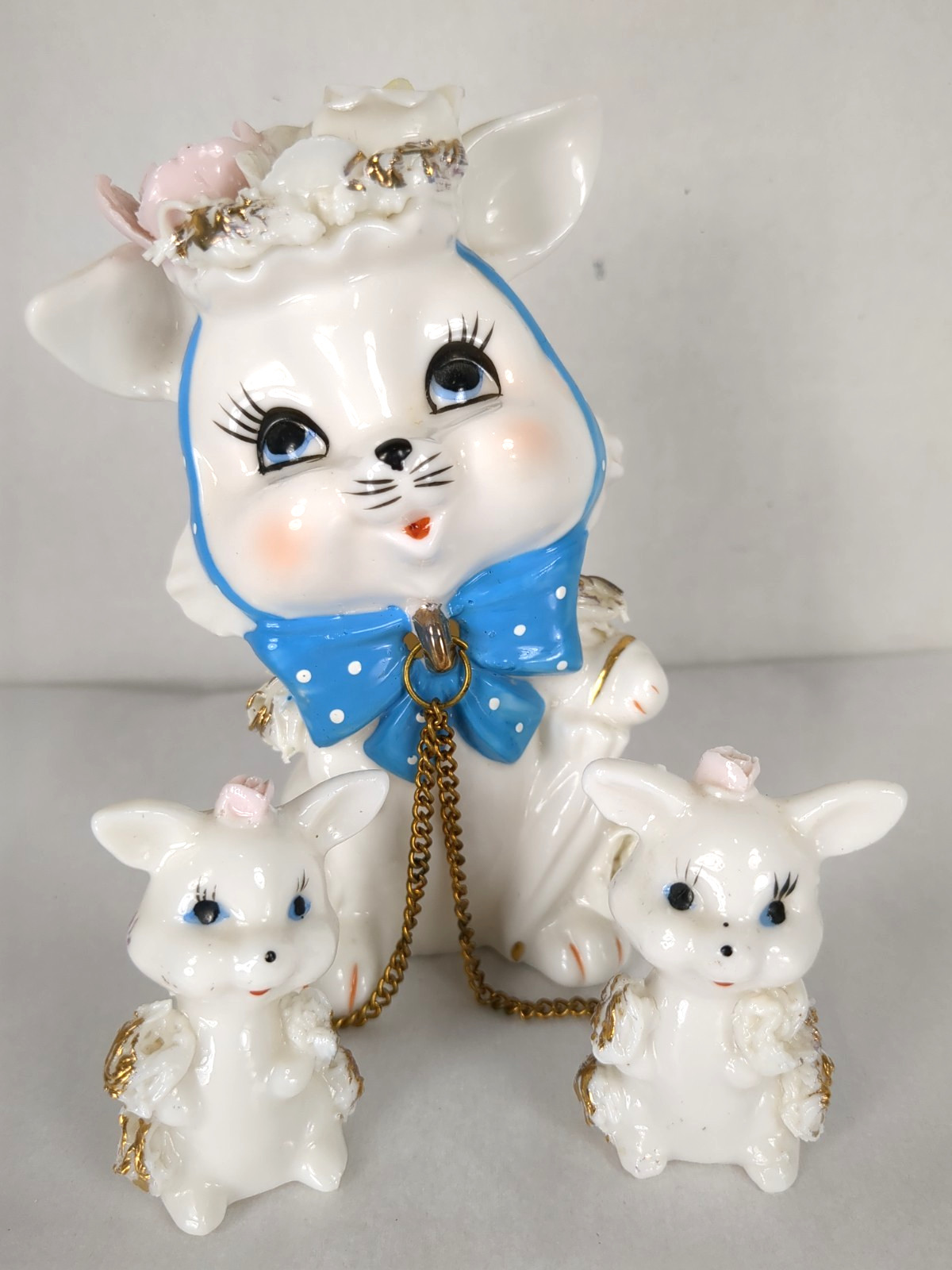 Vintage Lefton Spaghetti Cat Mom Chained 2 Kittens Figurine MCM 5\