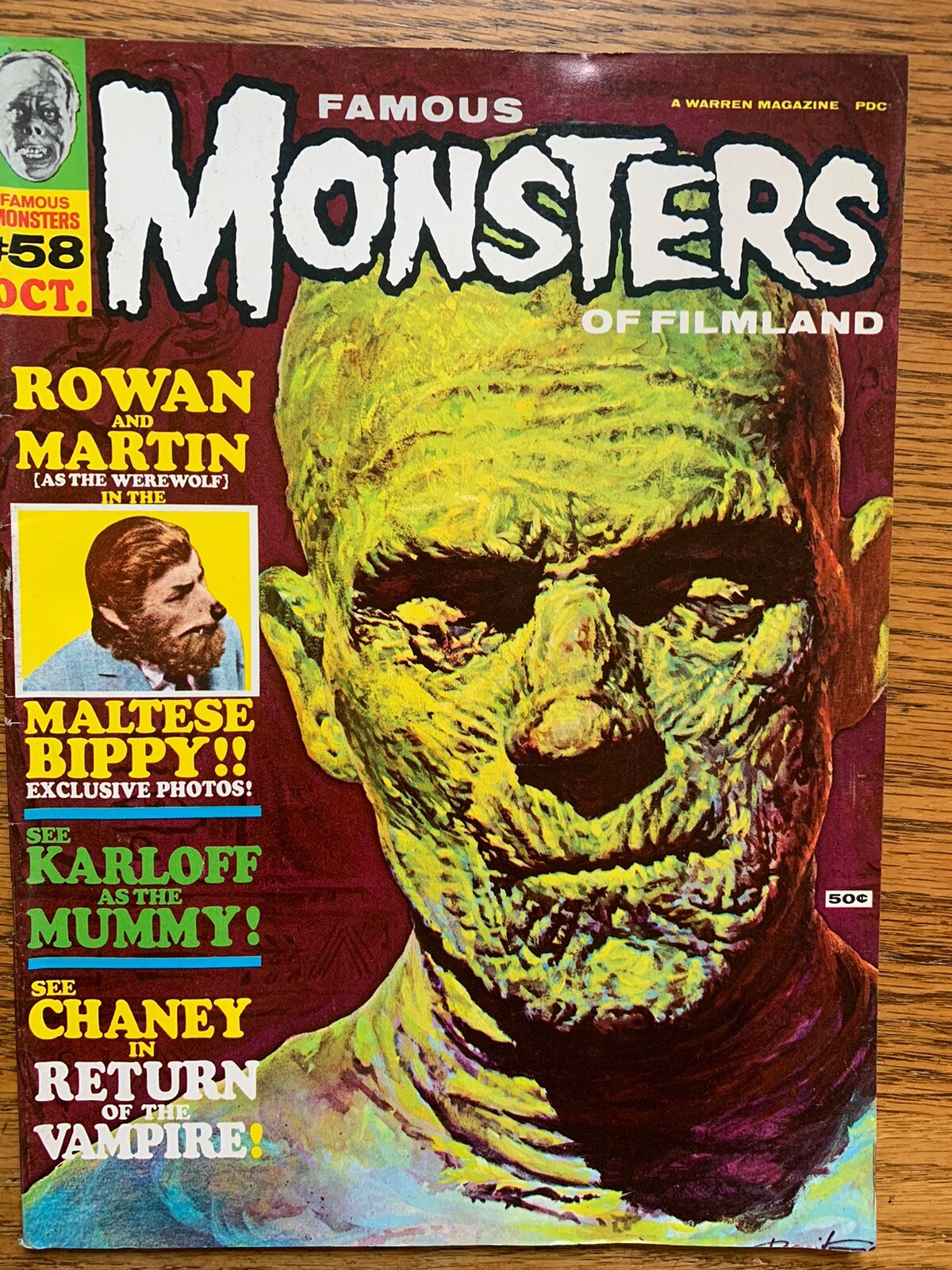 Famous Monsters of Filmland 58 Boris Karloff Mummy adapted Wood inks 1969 FN