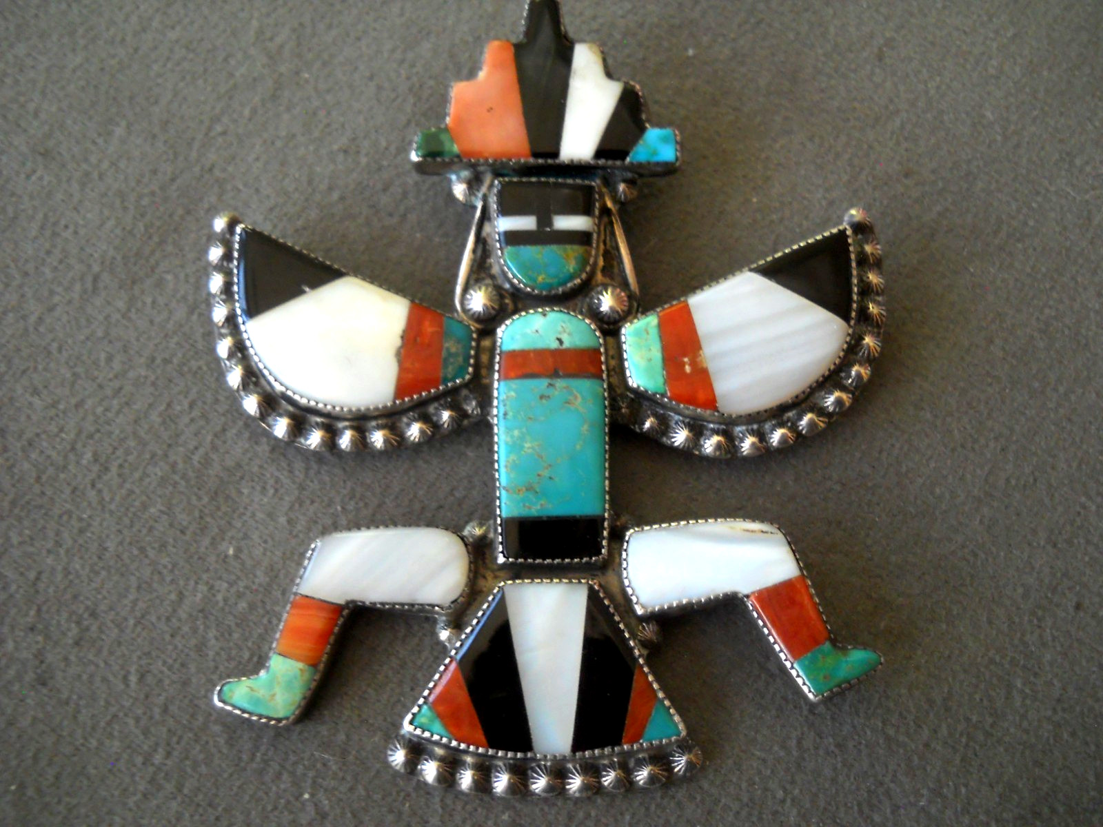 Native American Zuni Turquoise MultiStone Knifewing Inlay Sterling Silver Pin 3\