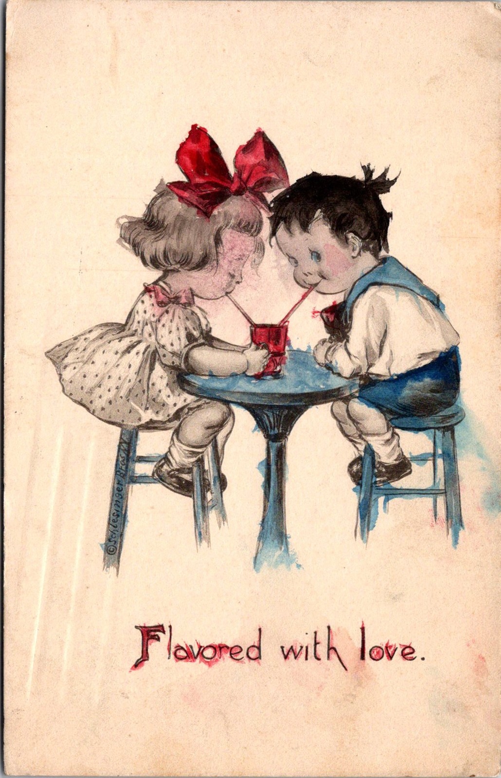 Flavored with Love Children Sharing Drink Vintage Postcard 5P21-3