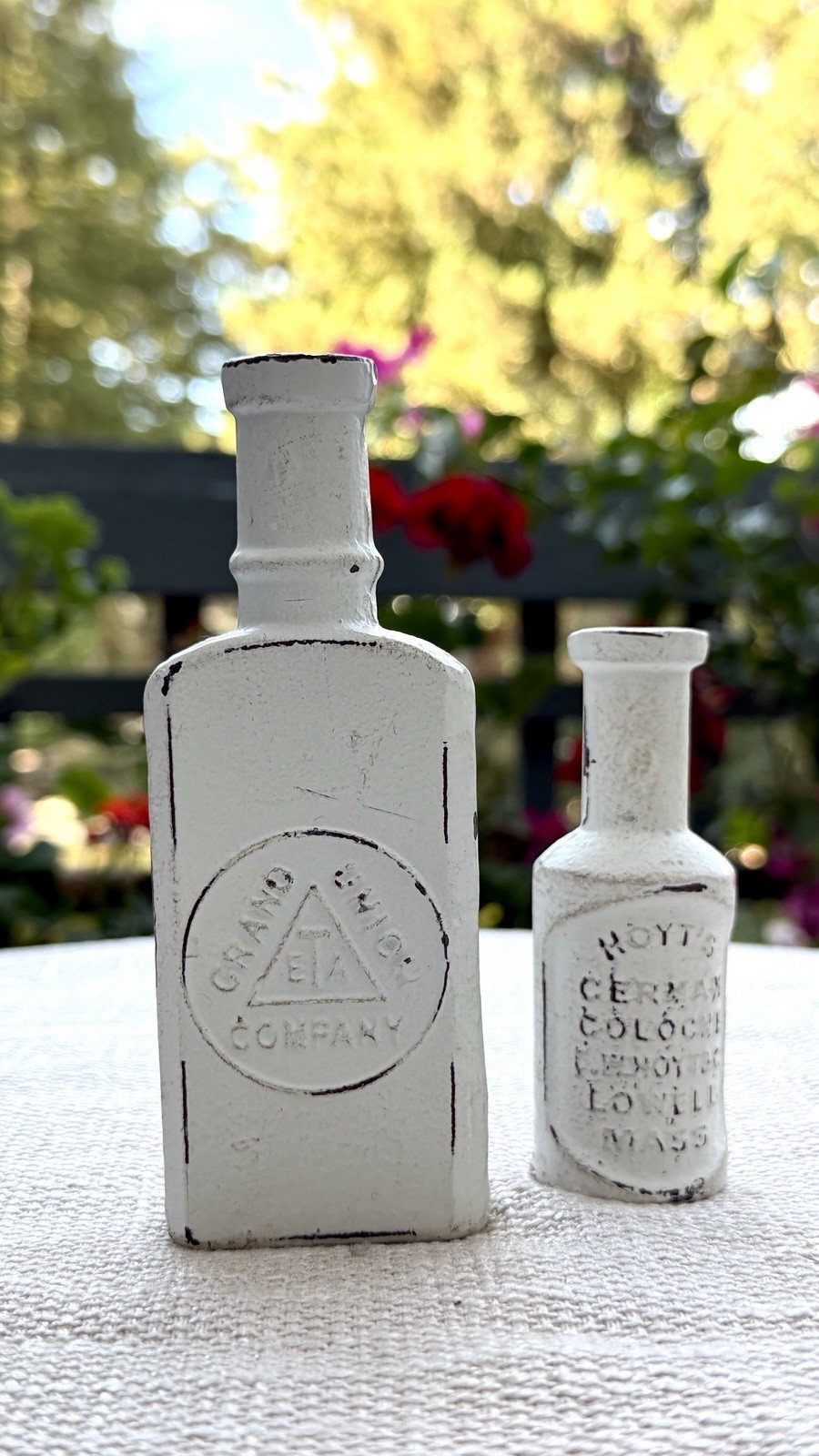 Rare Vintage Heavy Cast Iron Advertising Bottles Grand Union Hoyt’s Pair Decor