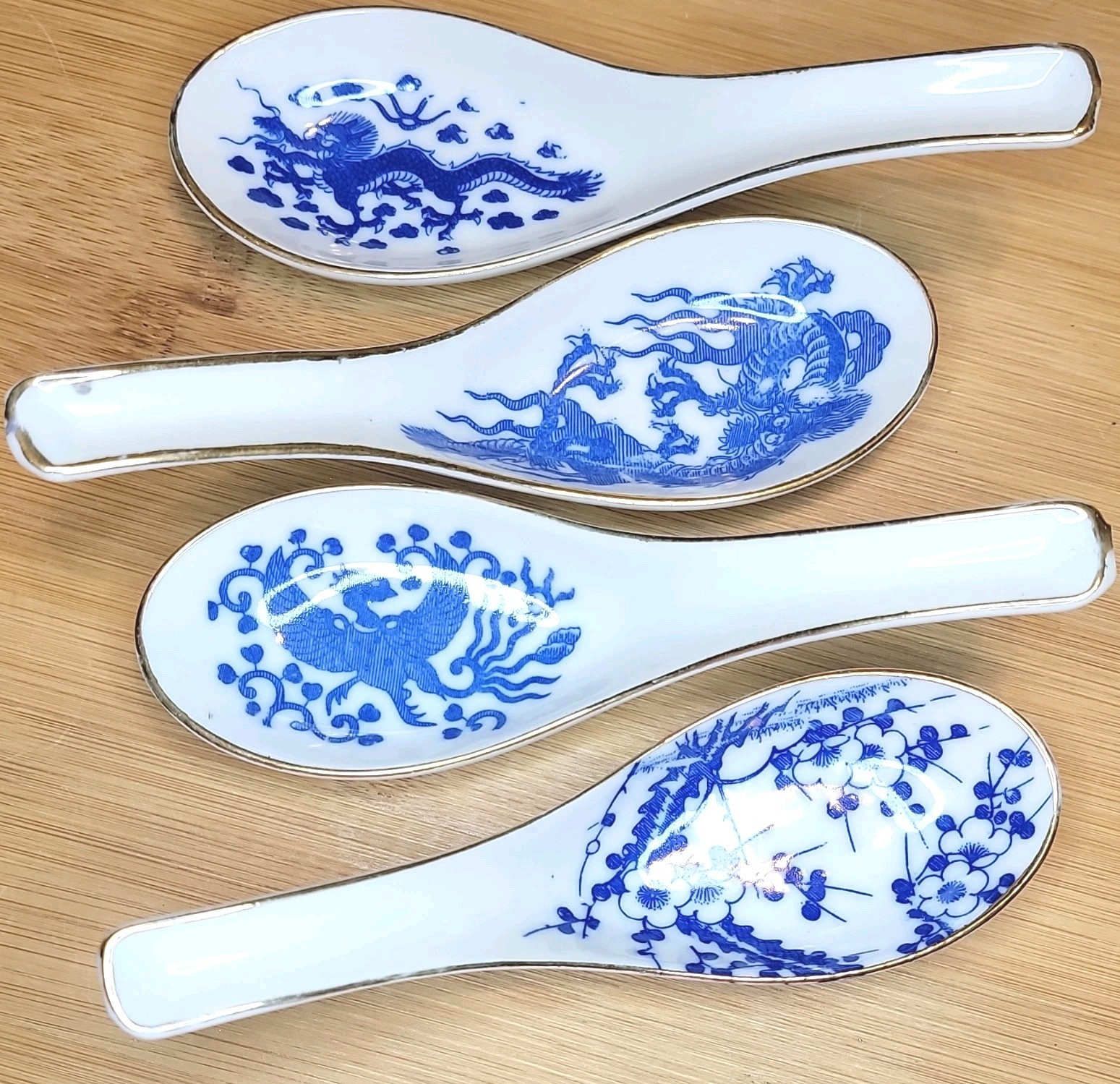 Vintage Blue/White Porcelain Chinese Soup Spoons: Gold Trim Set/4 Dragon Phoenix