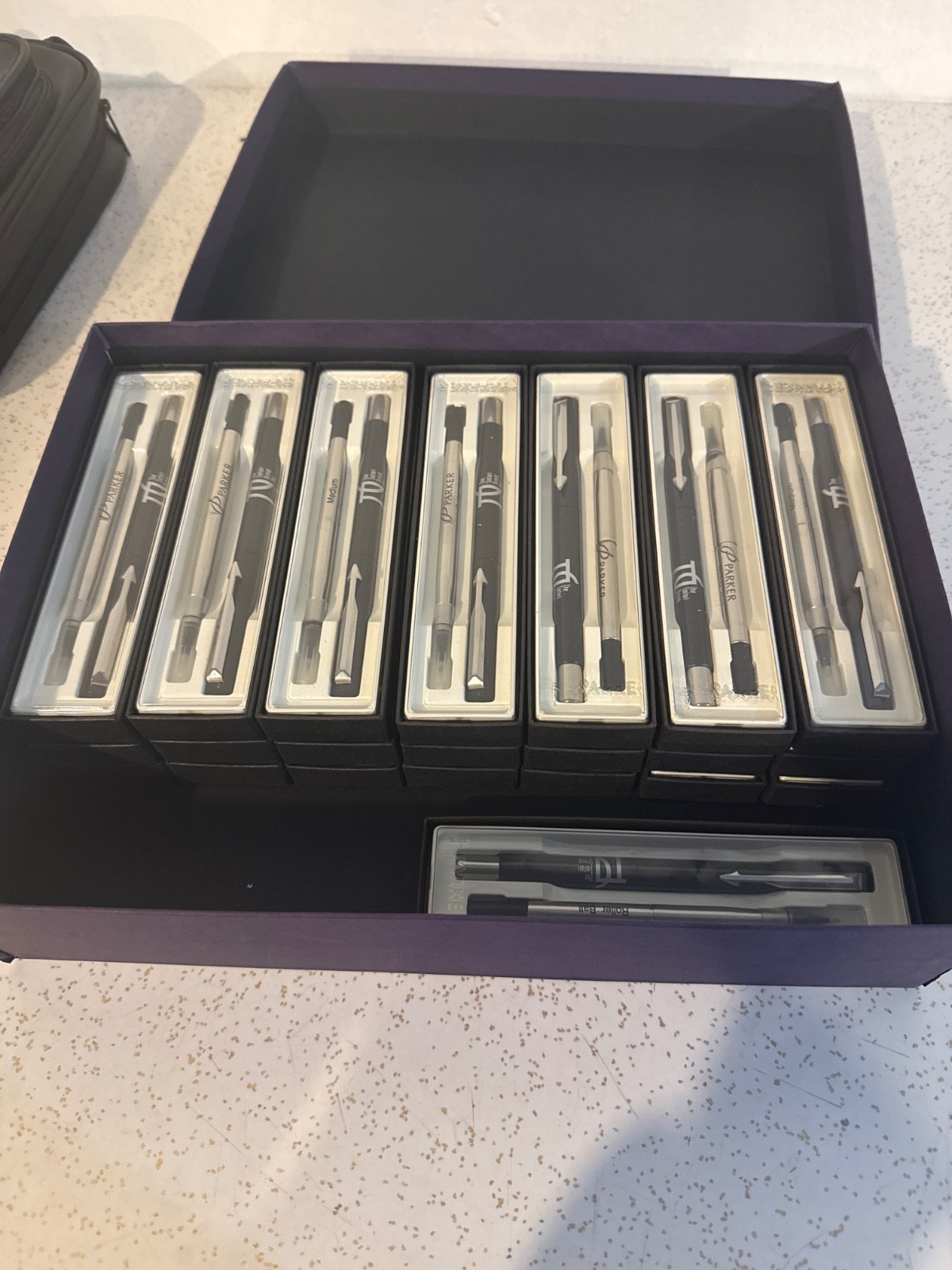 22 Vintage Parker Rollerball Pens NOS Sealed Made in UK Corporate Display Box 22 Vintage Parker Rollerball Pens NOS Sealed Made in UK Corporate Display Box