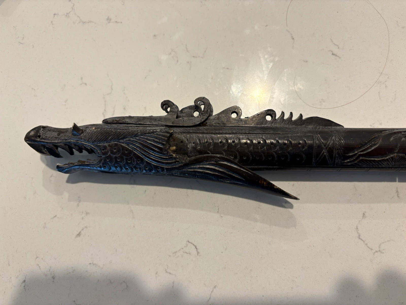 Antique Hand-Carved Dark Wood Dragon Head Scabbard / Decorative blow dart