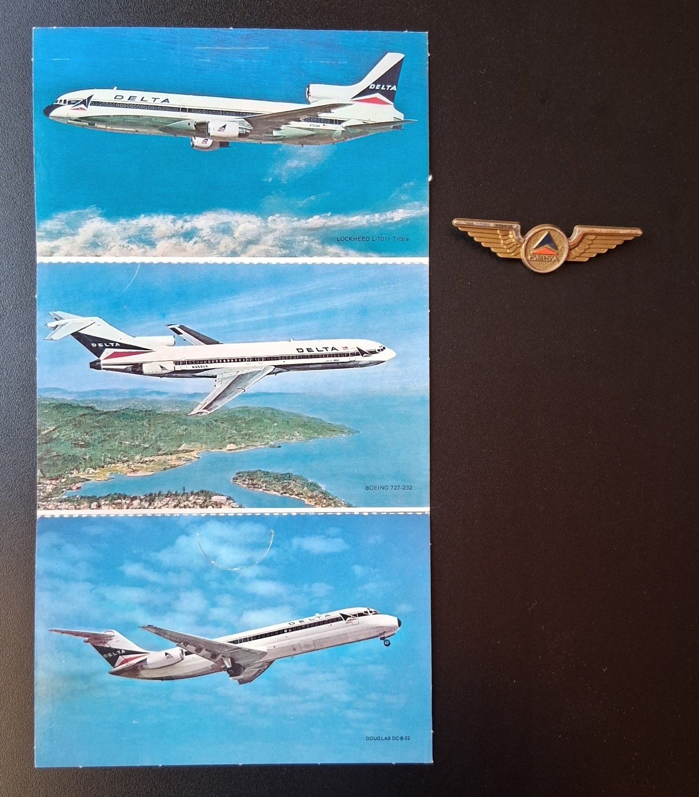 Vintage Delta Air Lines Tri-Fold Fleet Postcard L-1011 727 DC-9, Vintage 1974-75