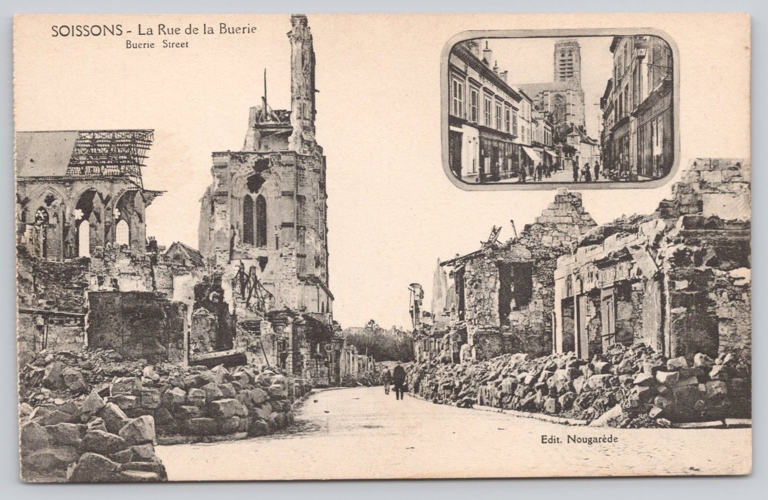 Soissons France WWI Buerie Street Ruins & Pre-War View Vintage Postcard
