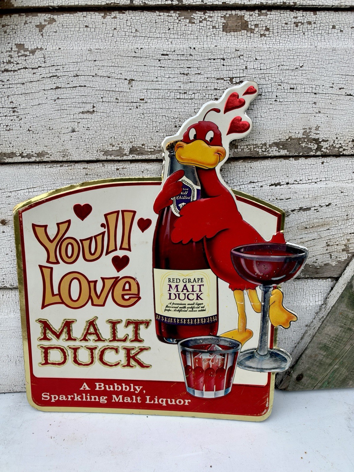 Rare NATIONAL BREWING RED GRAPE MALT DUCK MANCAVE BAR SIGN FOIL OVER CARDBOARD