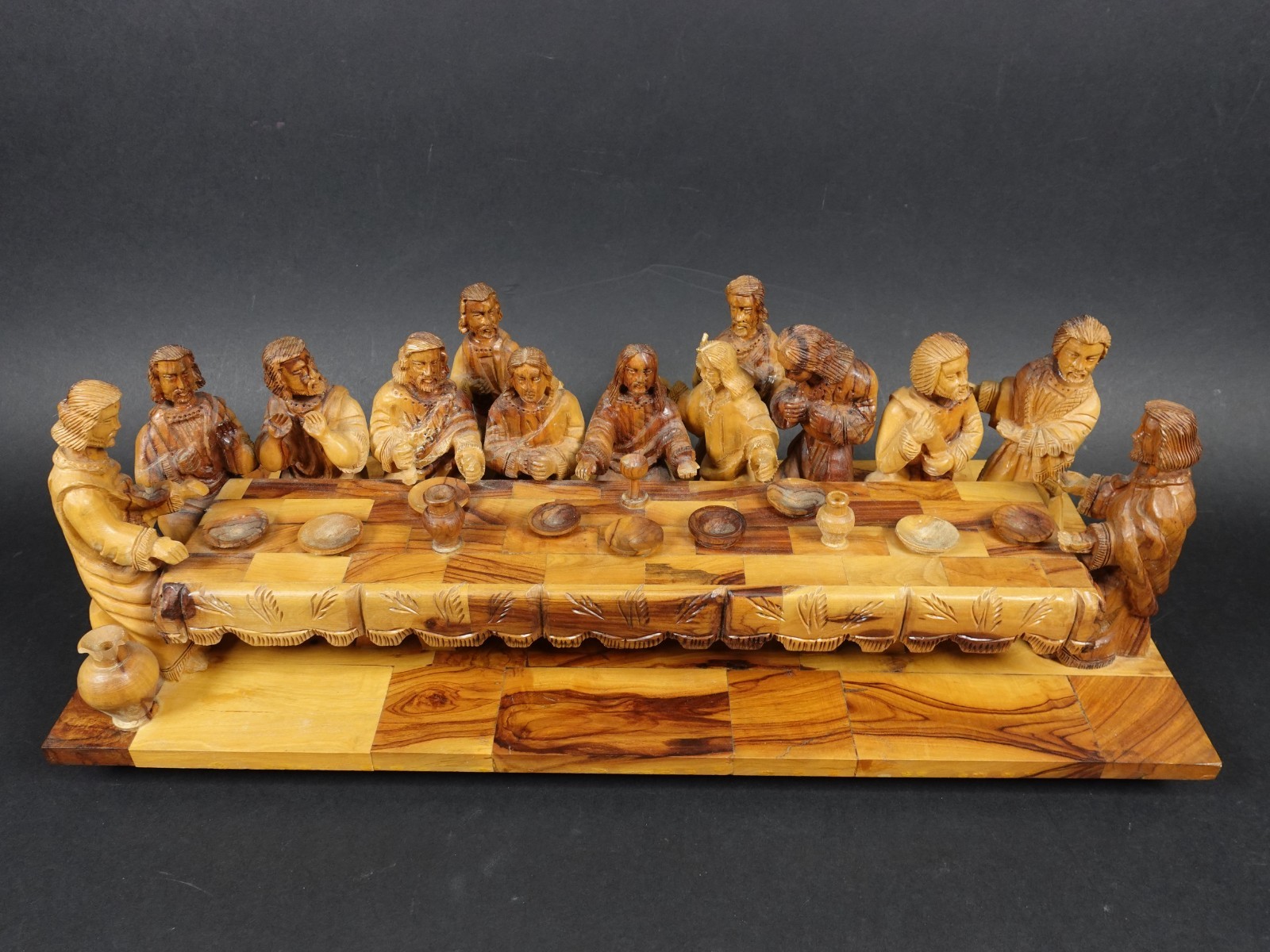 Vintage Olive Wood Last Supper Jesus Carving Statue Made In Holy Land Israel