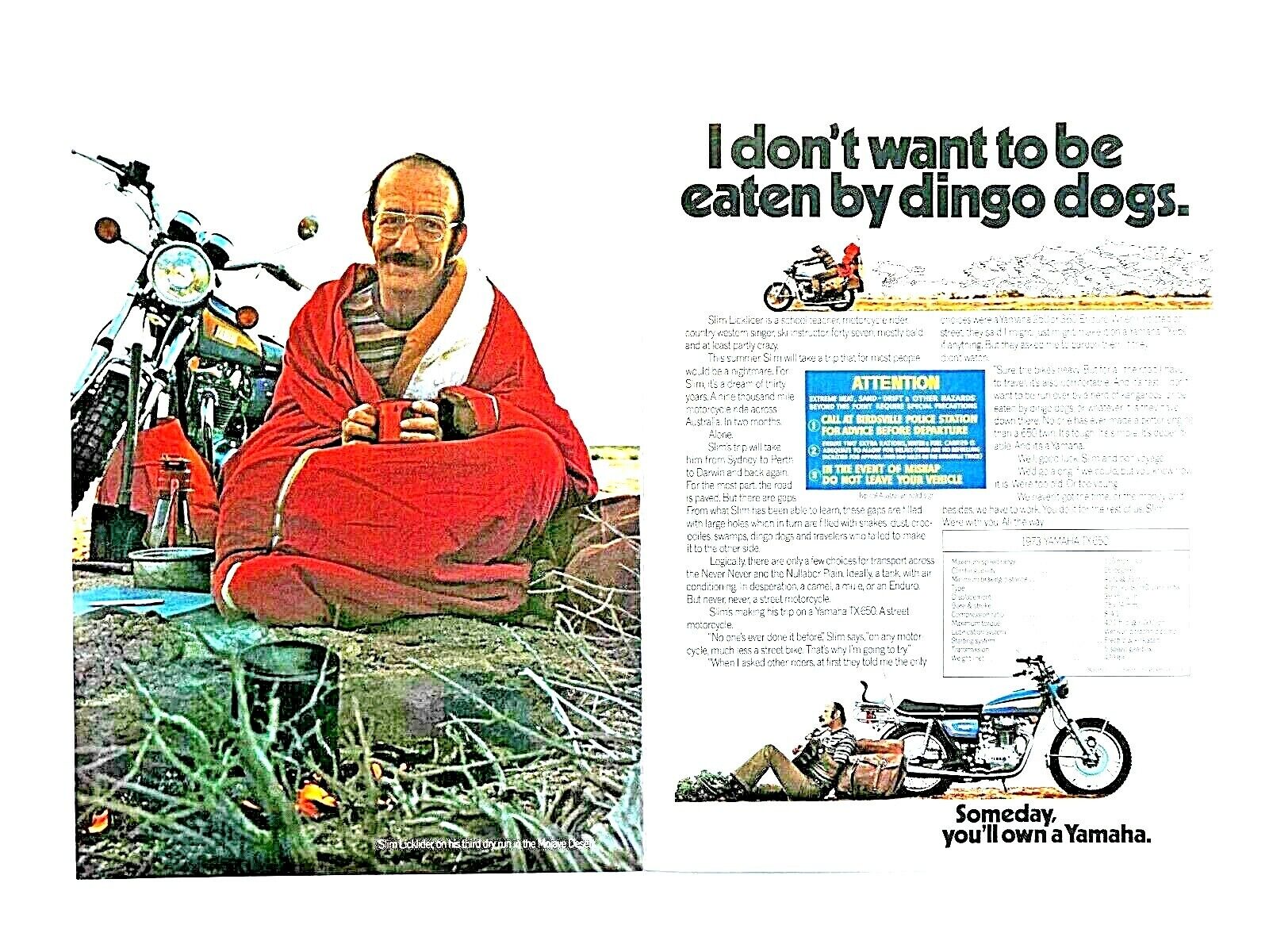 1973 Yamaha TX 650 Don\'t Be Eaten By Dingo Dogs Original Print Ad-8.5 x 11\