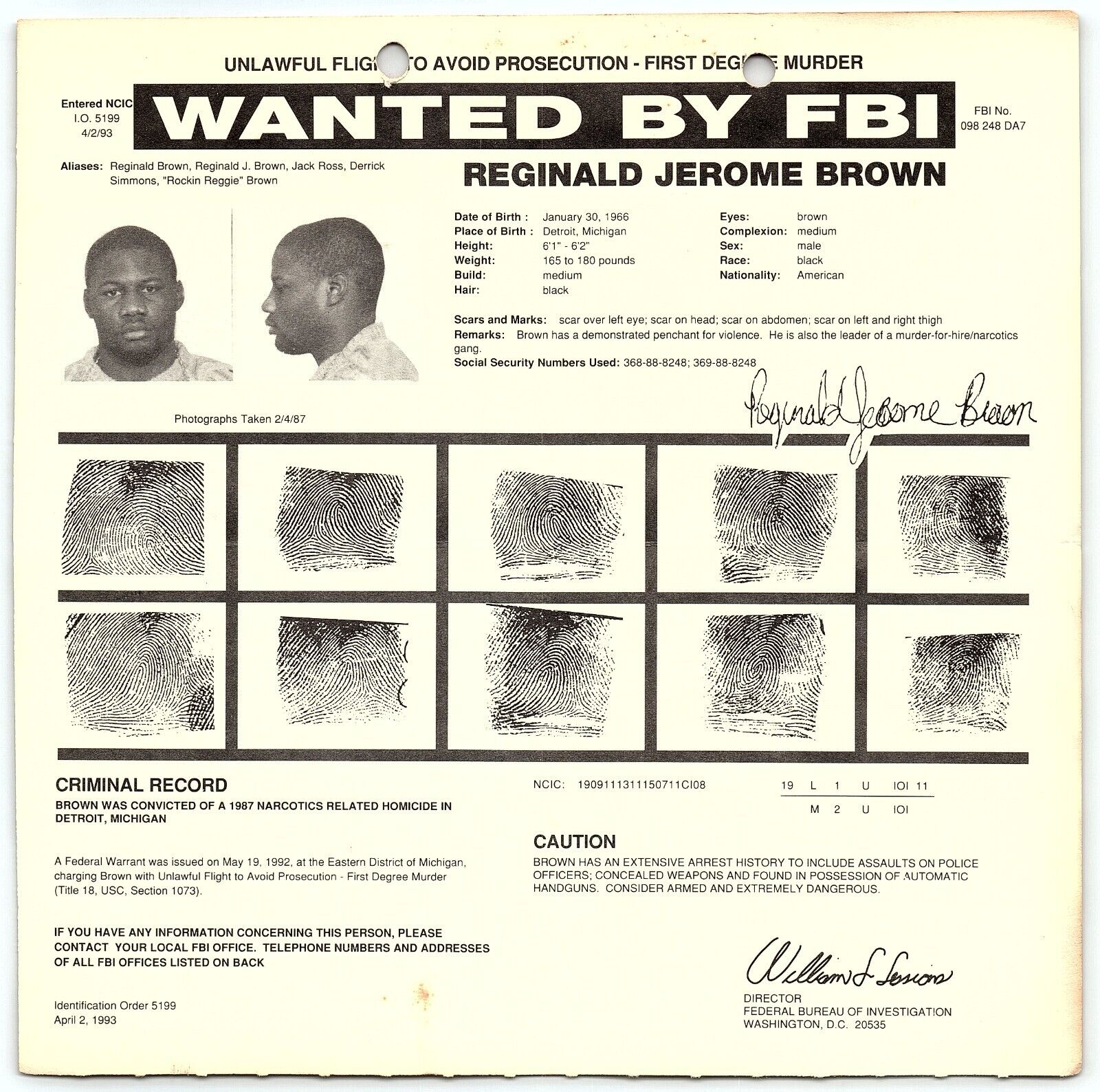 1993 FBI WANTED POSTER REGINALD JEROME BROWN LEADER MURDER-FOR-HIRE GANG Z4969