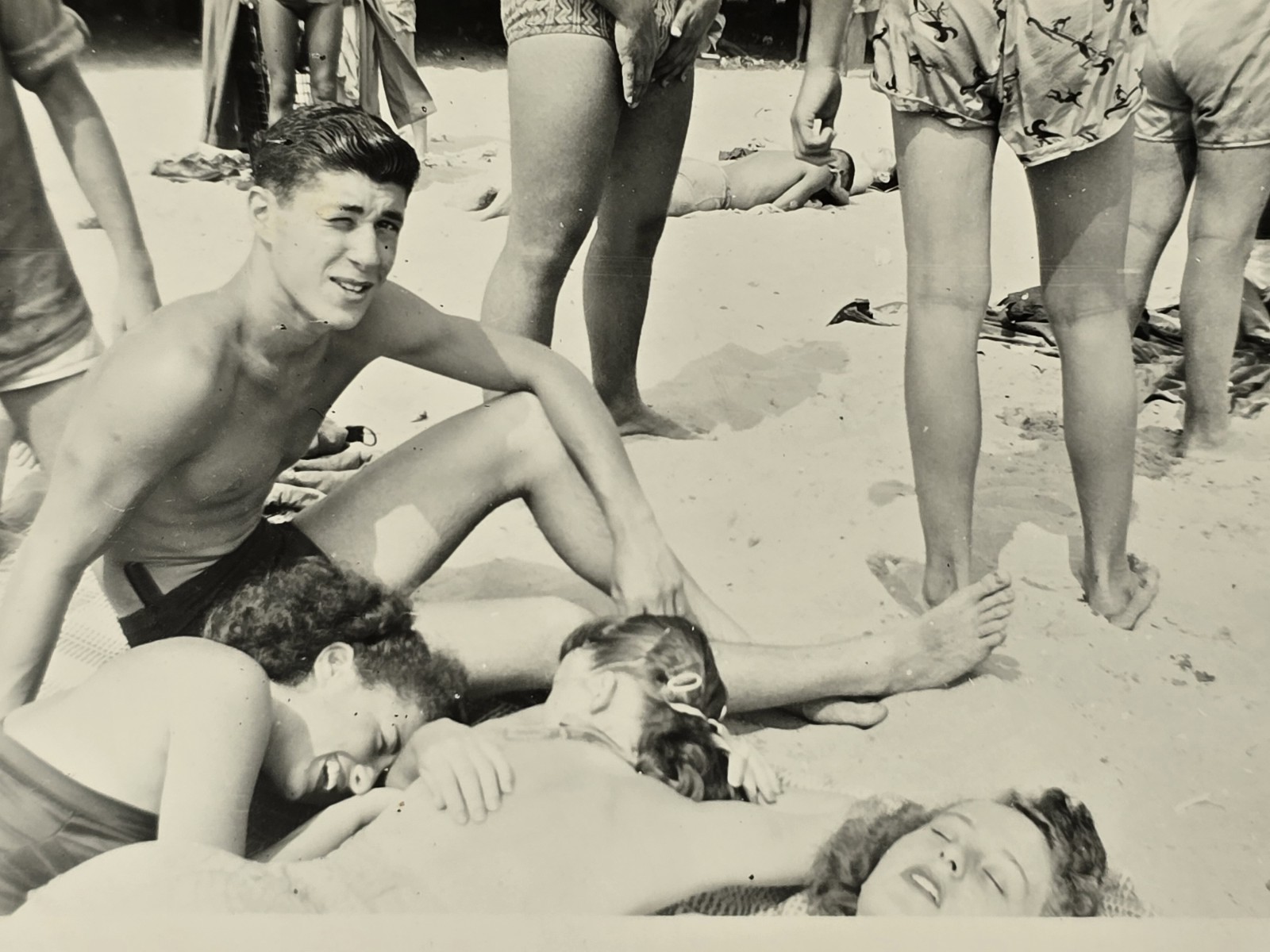 Vintage 1950s Beach Snapshot Young People Sunbathing Bathing Suits