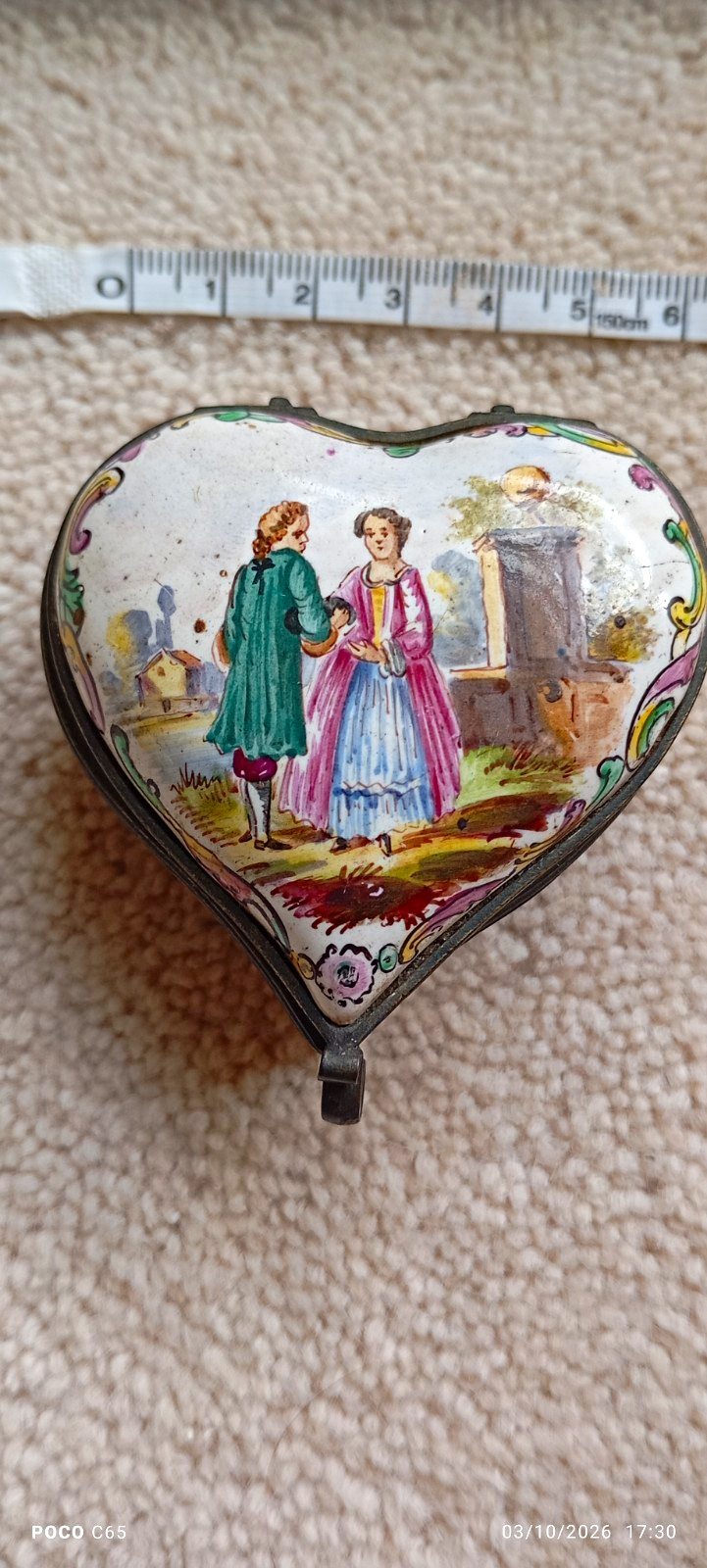 Antique French Lille Faience Heart Trinket Box Painted 19thC Restoration Repair