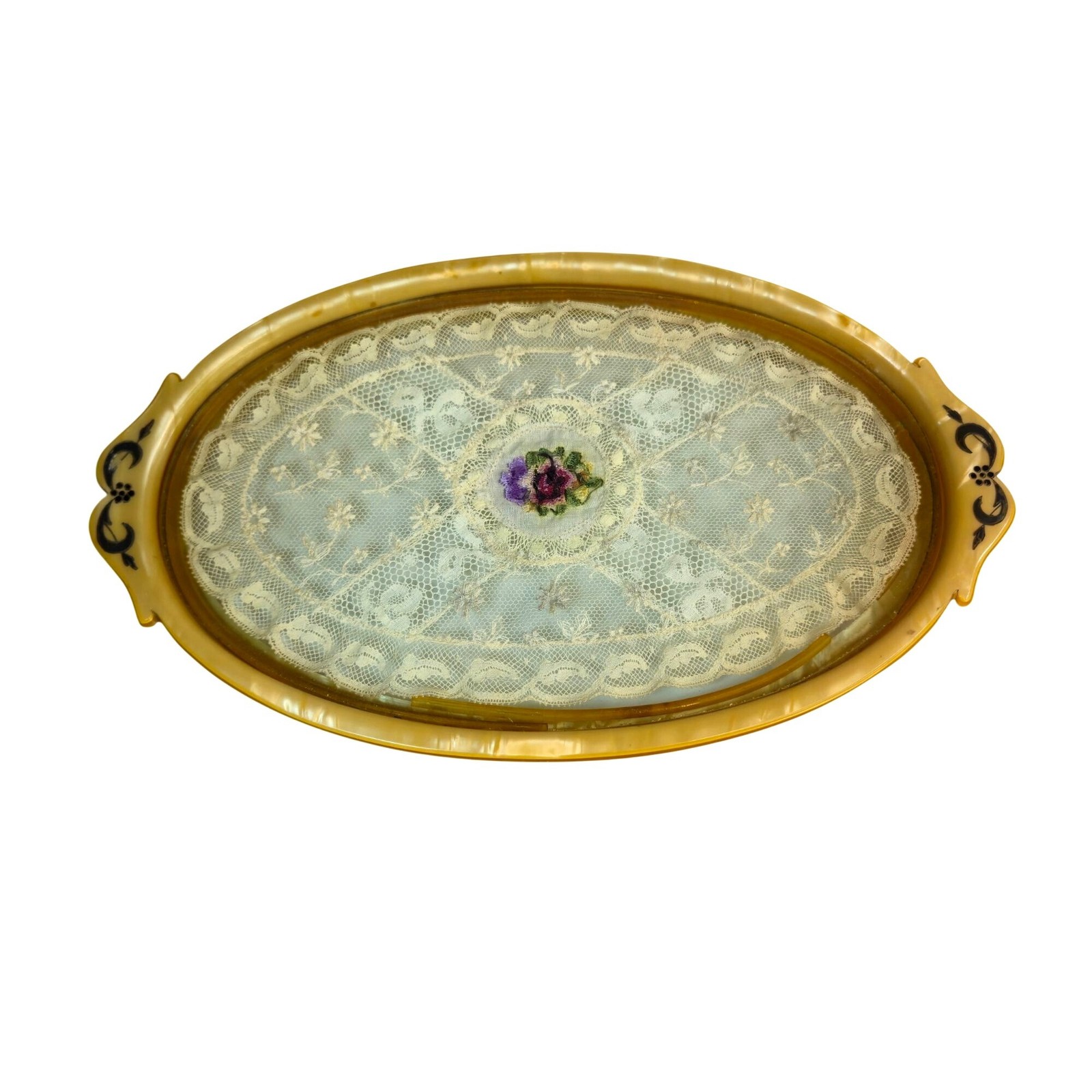 Antique Victorian Celluloid Vanity Tray Floral Lace Inlay Oval Perfume Holder