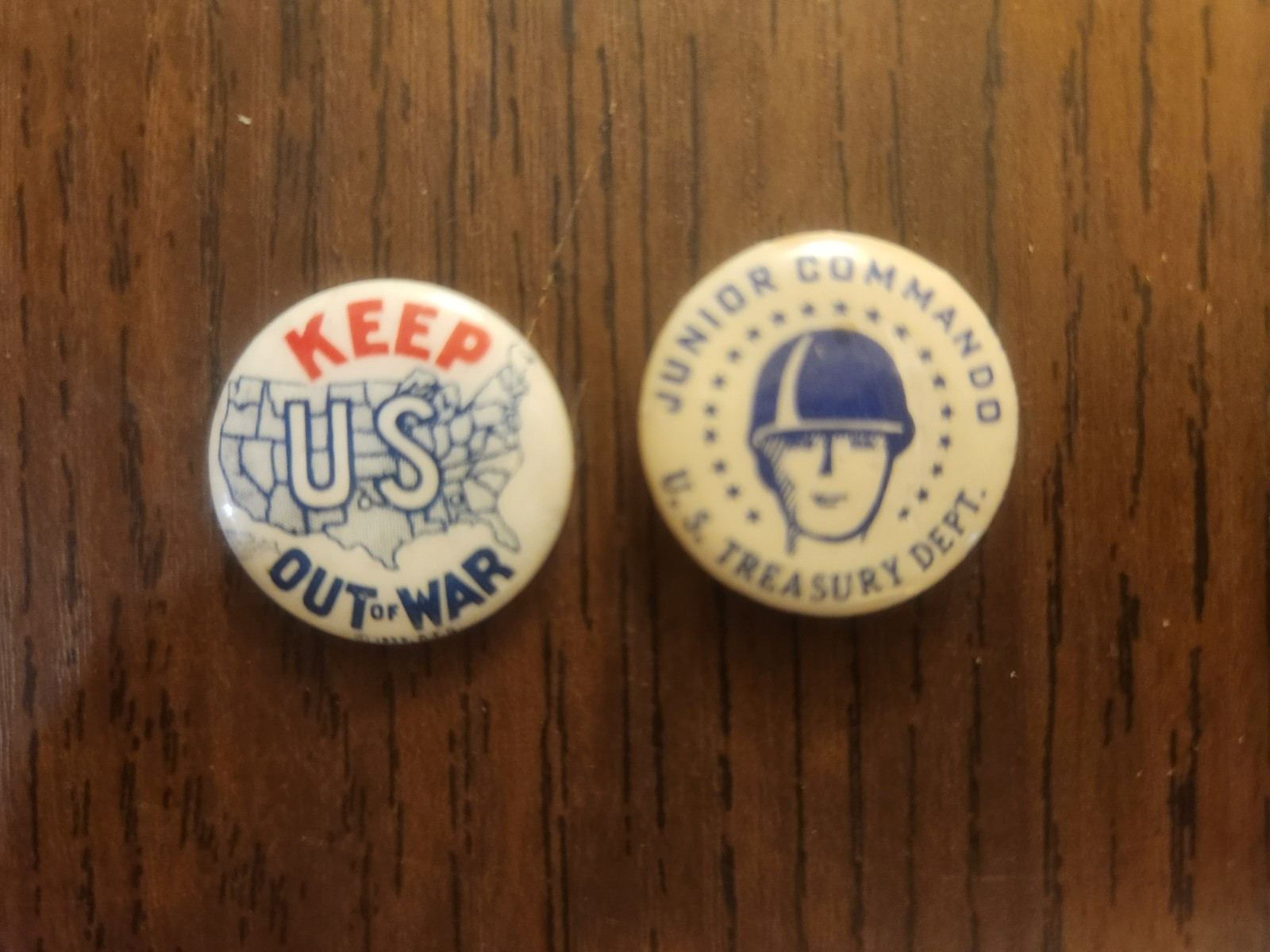 Vintage WW2 US Treasury Junior Commando Keep US Out Of War Pinbacks Authentic