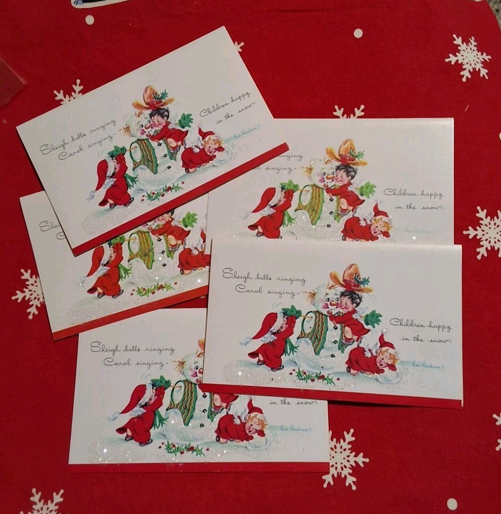 5 Vintage Eve Rockwell Christmas Cards Angels Building A Snowman  Glitter Unused