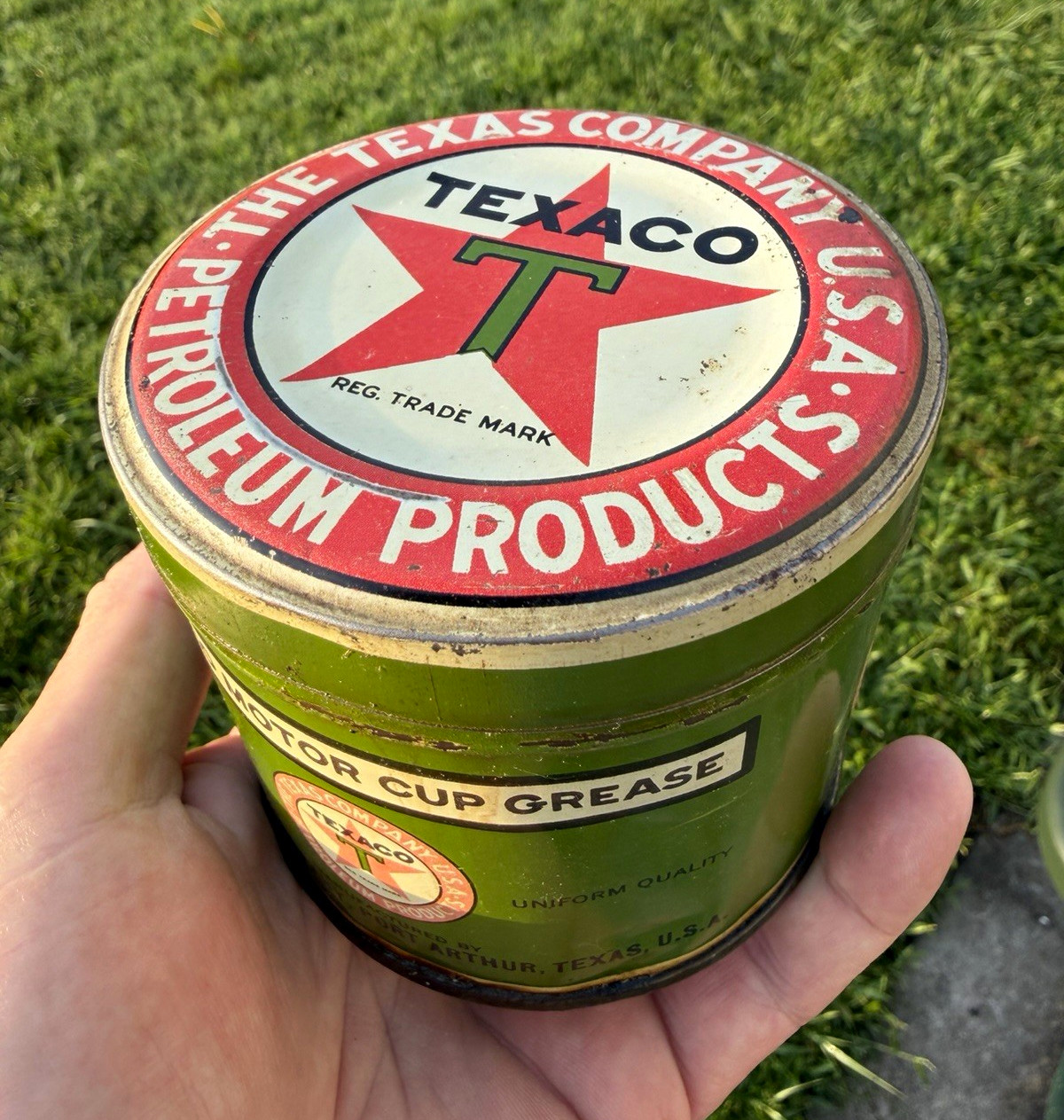 Texaco Vintage Motor Cup Grease 1 lb Metal Advertising Can Gas & Oil