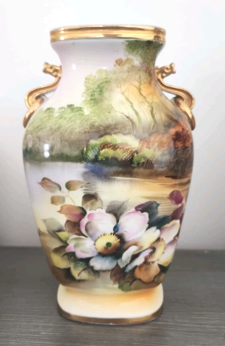 Noritake Morimura Antique Hand Painted Vase Urn Gilded Accents Flower Lake Scene