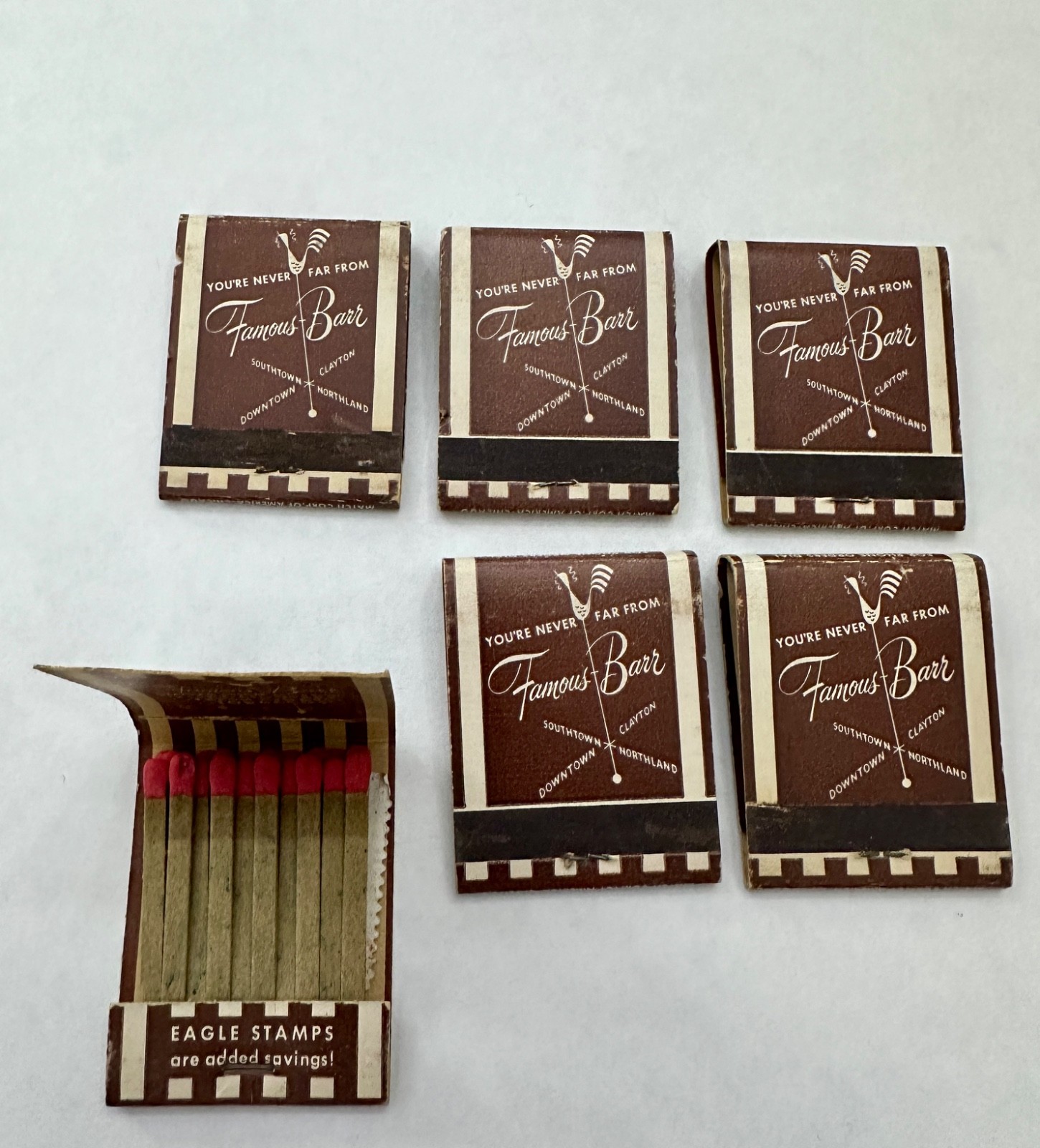6 Vintage 1950’s Famous-Barr St. Louis Matchbooks Full Unused Eagle Stamps Smoke