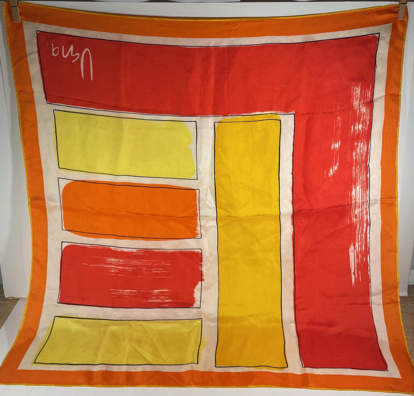 VINTAGE 1960'S 70'S VERA NEUMANN SILK SCARF BOLD GEOMETRIC ORANGE RED YELLOW