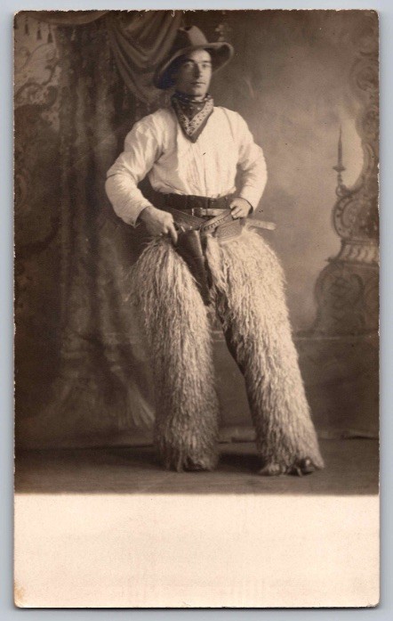 c1910 Cowboy In Woolly Chaps Gun Margolis Studio Calgary Alberta Real Photo RPPC